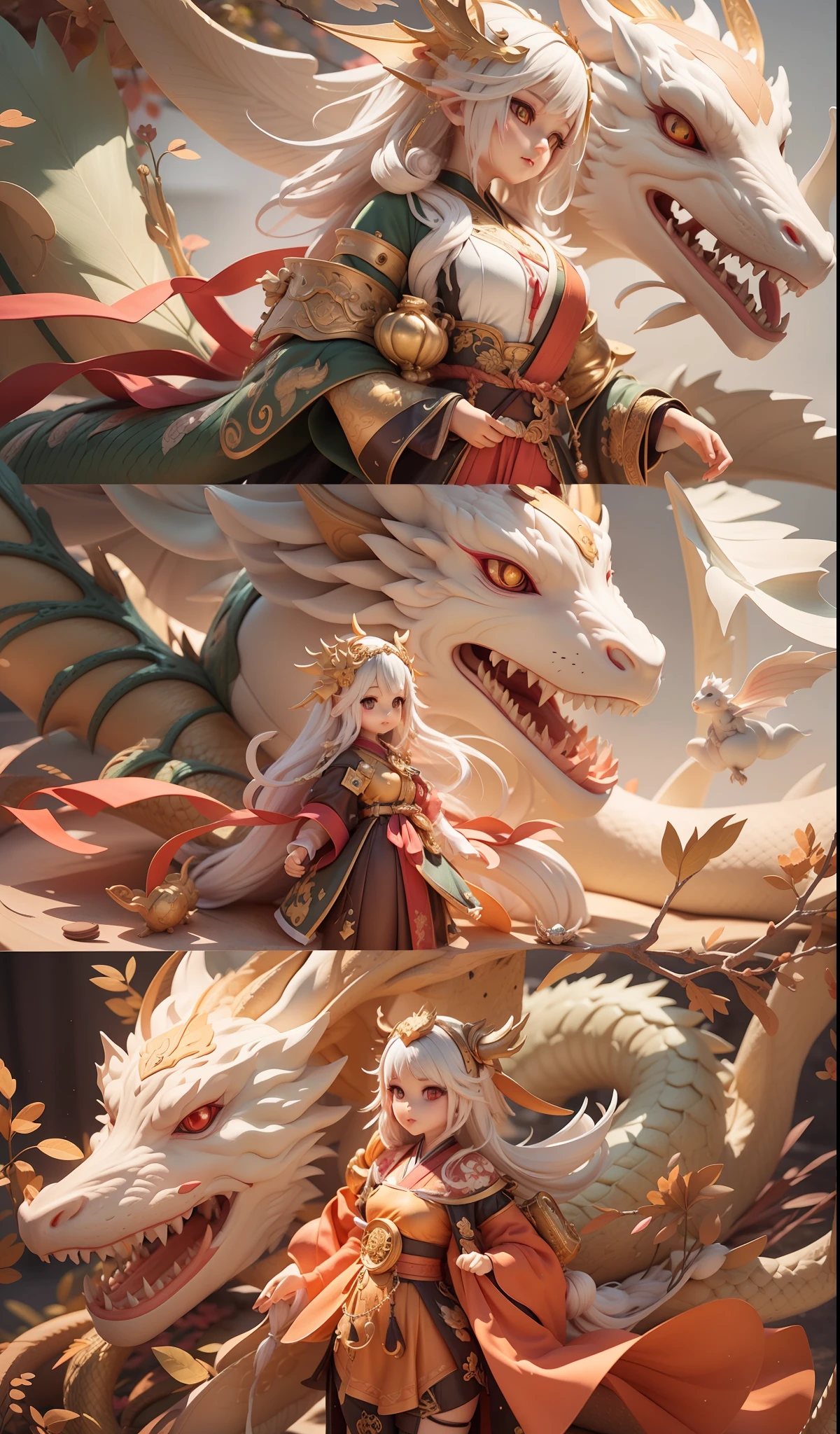 The Masterpiece,best qulity,Lots of detail,(full body:1.2),chibi,Dragon Girl,iwhite colored hair,Oriental dragon,3Drender,Q printmaking style