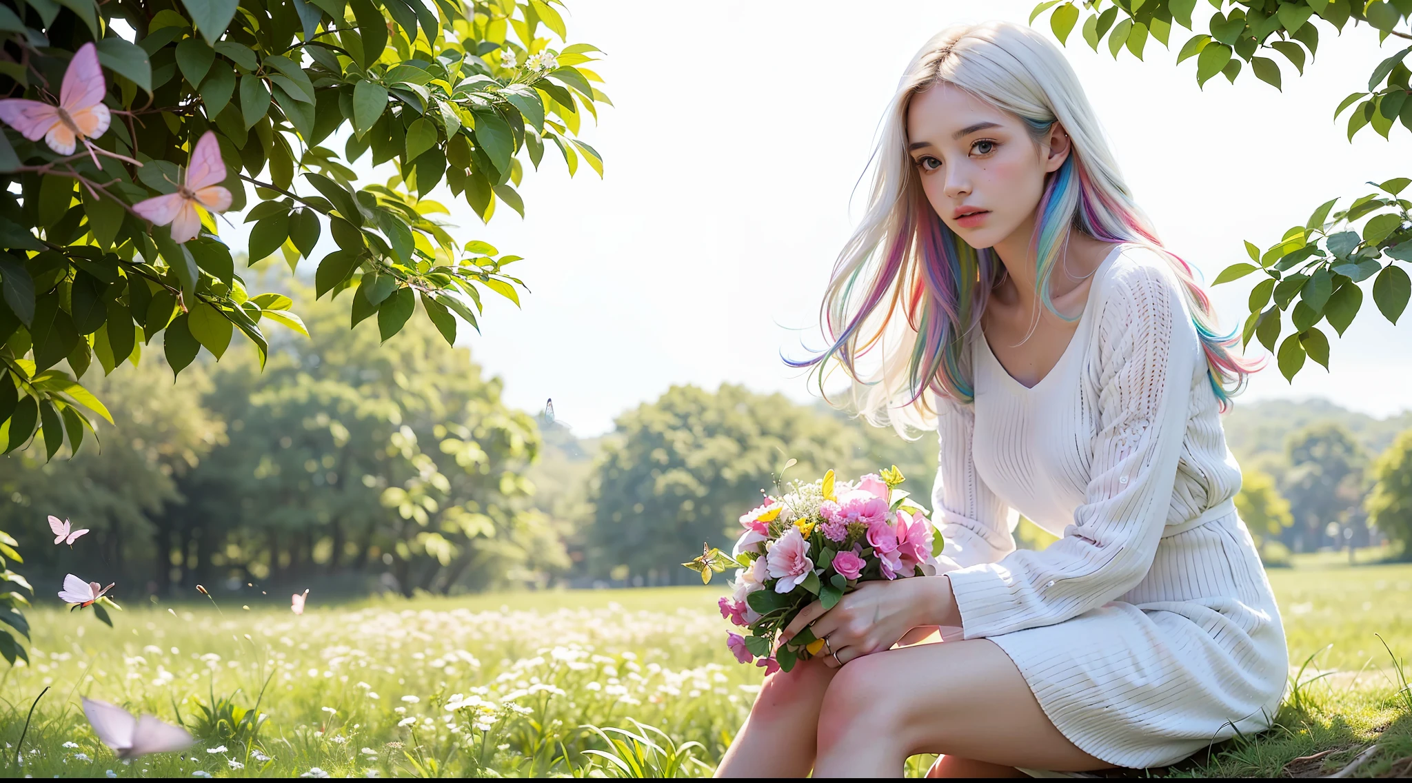 (obra maestra, mejor calidad), 1 girl with long white hair sitting in a field of green plants and flowers, ((mariposas multicolores)), con la mano debajo de la barbilla, warm lighting, vestido blanco, primer plano borroso, perro color canela detras