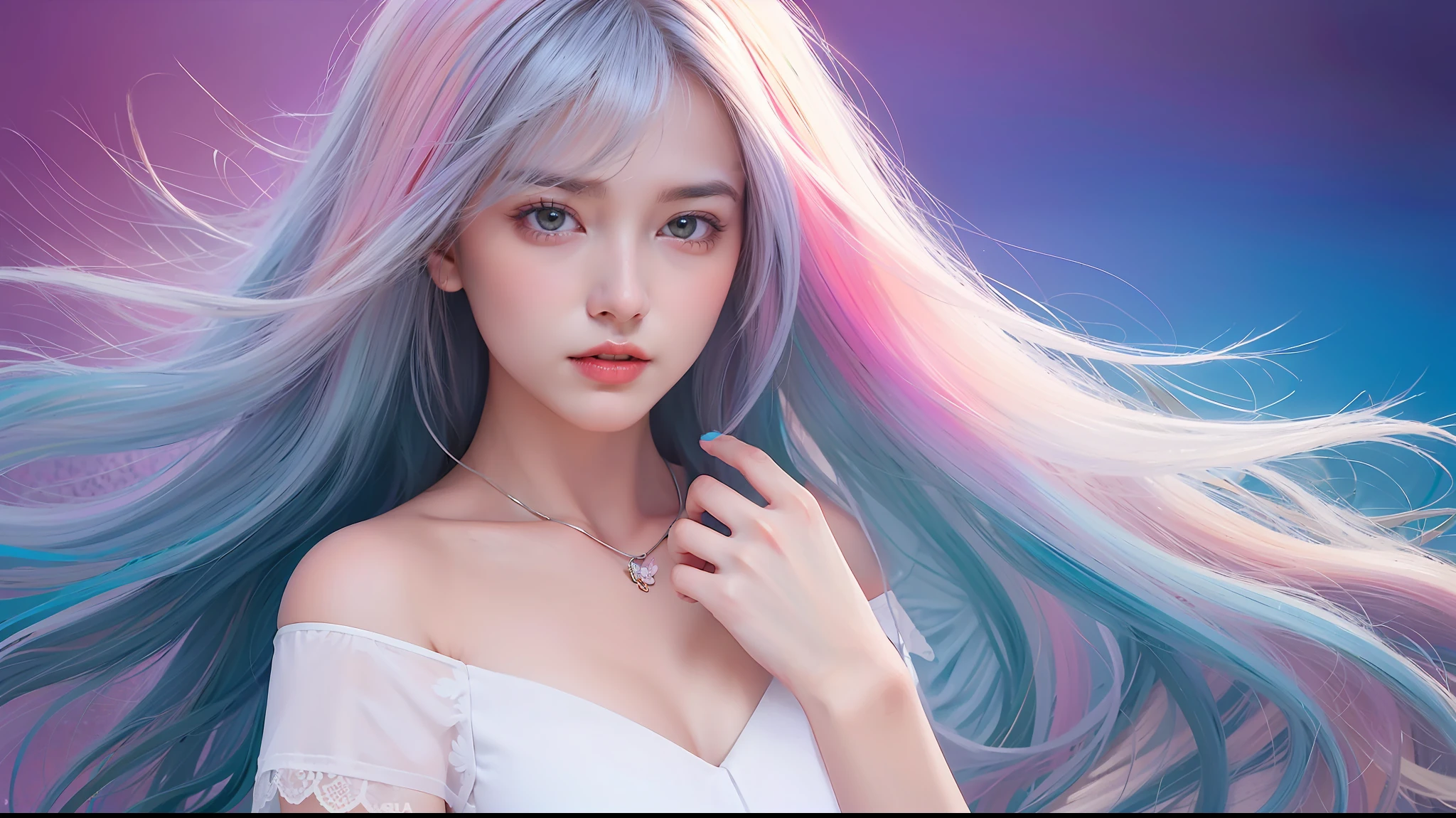 (obra maestra, mejor calidad), 1 girl with long white hair sitting in a field of green plants and flowers, ((mariposas multicolores)), con la mano debajo de la barbilla, warm lighting, vestido blanco, primer plano borroso, perro color canela detras