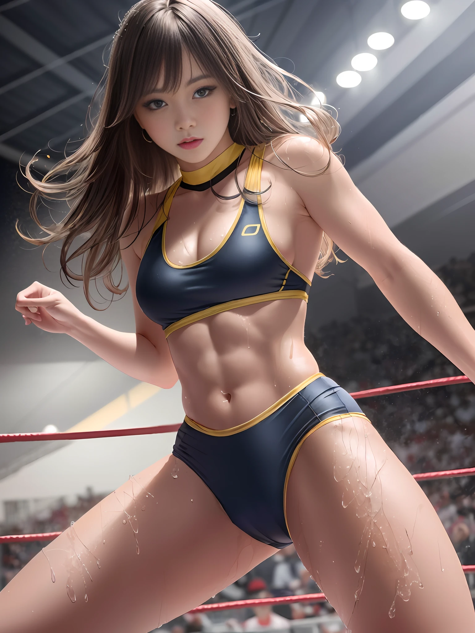 Absurdres, hdr, ultra detailed illustration,1beatiful girl, extremely detailed face, RAW photo, film grain, skin pores, trending on deviantart,wrestling uniform,small delicate face,big eyes,large breasts,tone abs,nice legs,wet skins sweat,wrestling venue,dynamic pose,dramatic light