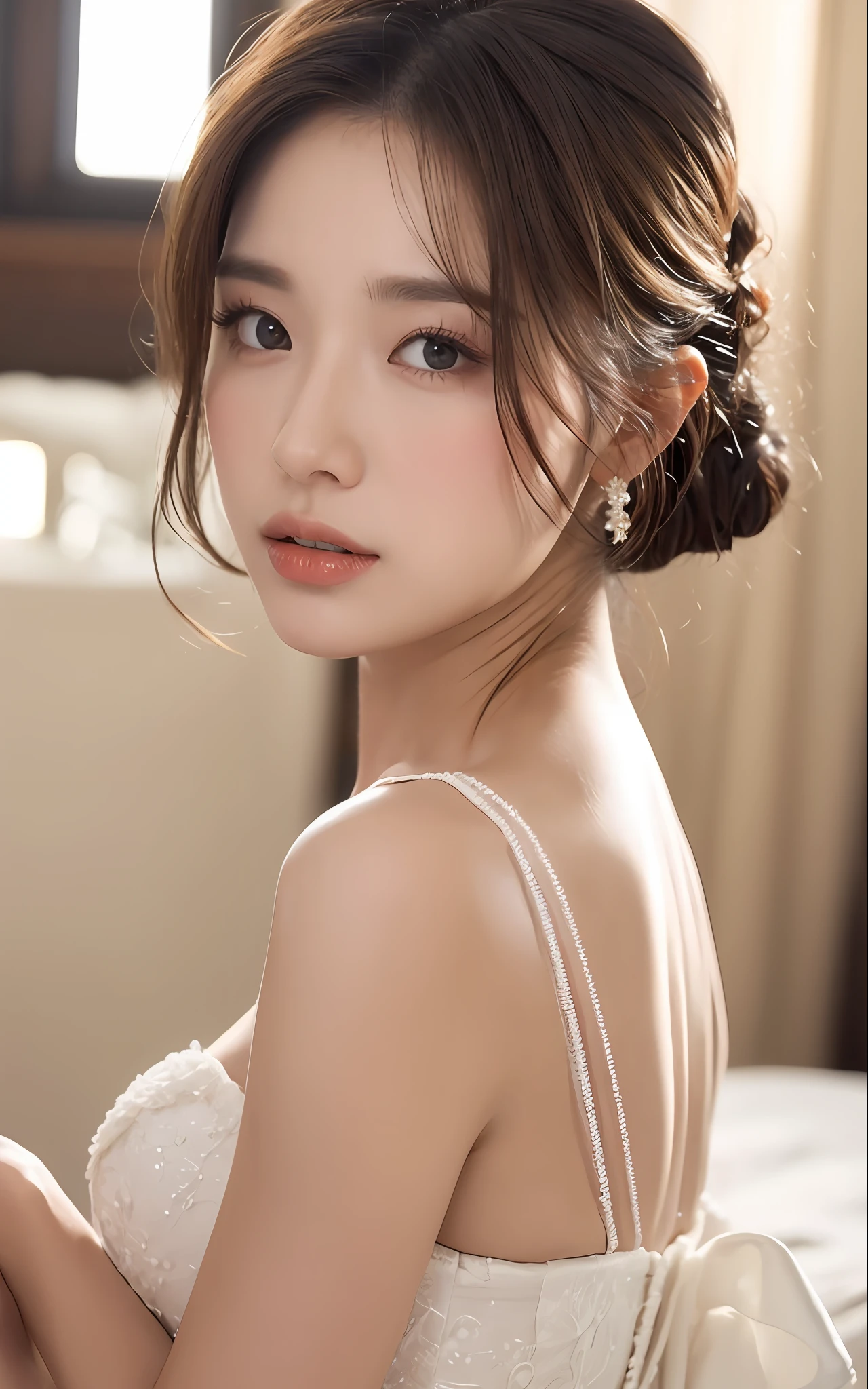 ((Top best Quality,8k,The Masterpiece:1.3)),focal point:1.2,Cute girl one,Perfect beauty:1.4,backside:1.2,(layered hairstyle,beauty breasts:1.1)),(Bandeau wedding dress:1.1),(bed room:1.3),highly detailed face and skin textures,Detailed eyes,Double eyelid,whitened skin,Delicate lips,The Queen
