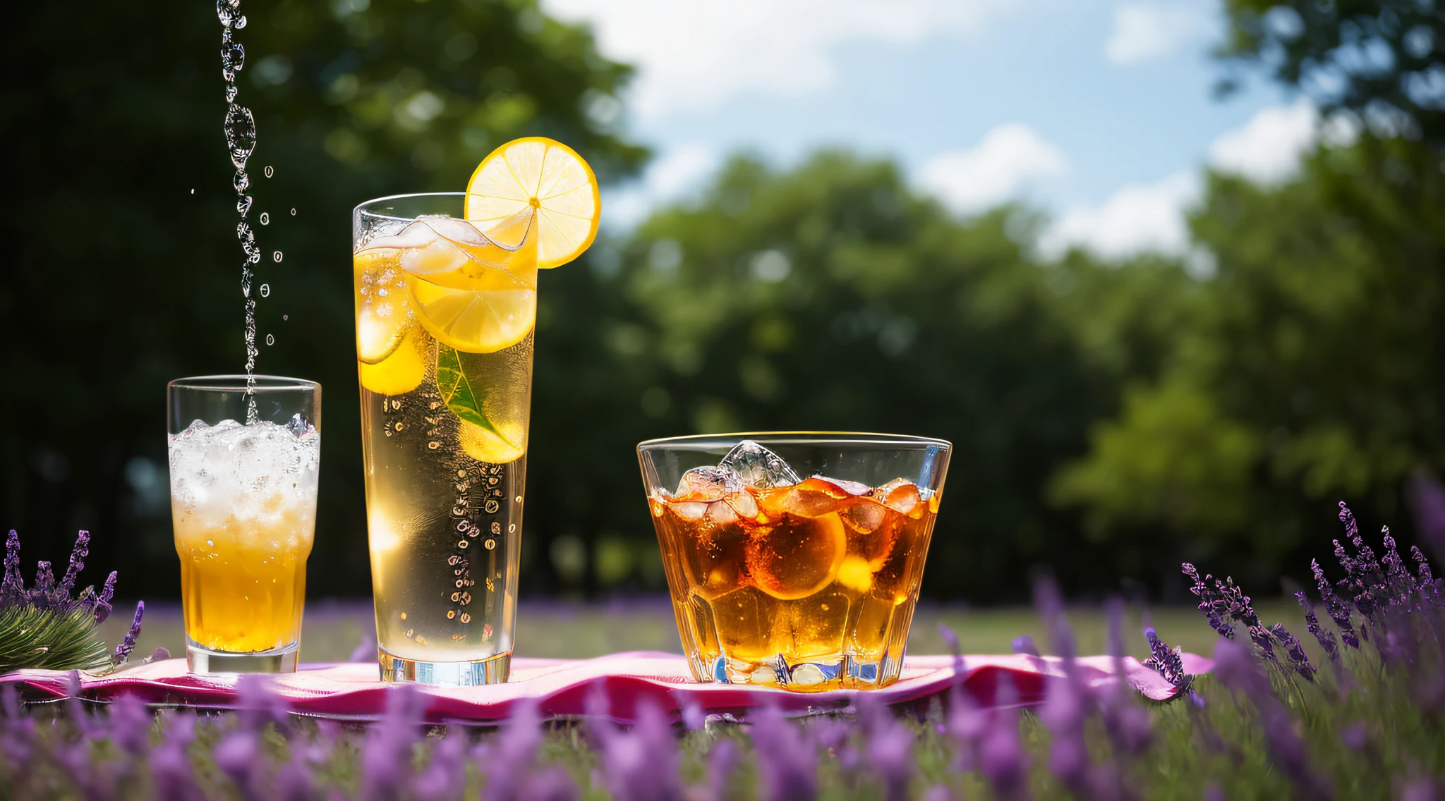 A glass with drops of water filled with carbonated drinks, translucent liquid, ice cubes, bubbles, a floral crown of daisies and lavender on picnic tablecloths, midday outdoor lighting, open air, natural background, summer day, hot weather, high detail, very humid humidity, high brightness, wet watermarks, excessive detail, surrealism, soft light, studio lighting, diffuse soft light, shallow depth of field, sharp focus, bokeke effect, light tracking, subsurface scattering, complex soft light, diffuse soft light, highly detailed glass reflection, ultra-thin (ultra-thin), ultra-thin) (thin, ultra-detailed), cinematic, surrealism, hardware, best quality, ultra-high resolution (photorealistic: 1.4), high resolution, detail, raw photography, clear reproduction, 4 kodak portra 400 stock camera, f1.6 lens, realistic texture, spectacular lighting, not a real engine, popular on artstation, cinemas up to 800,