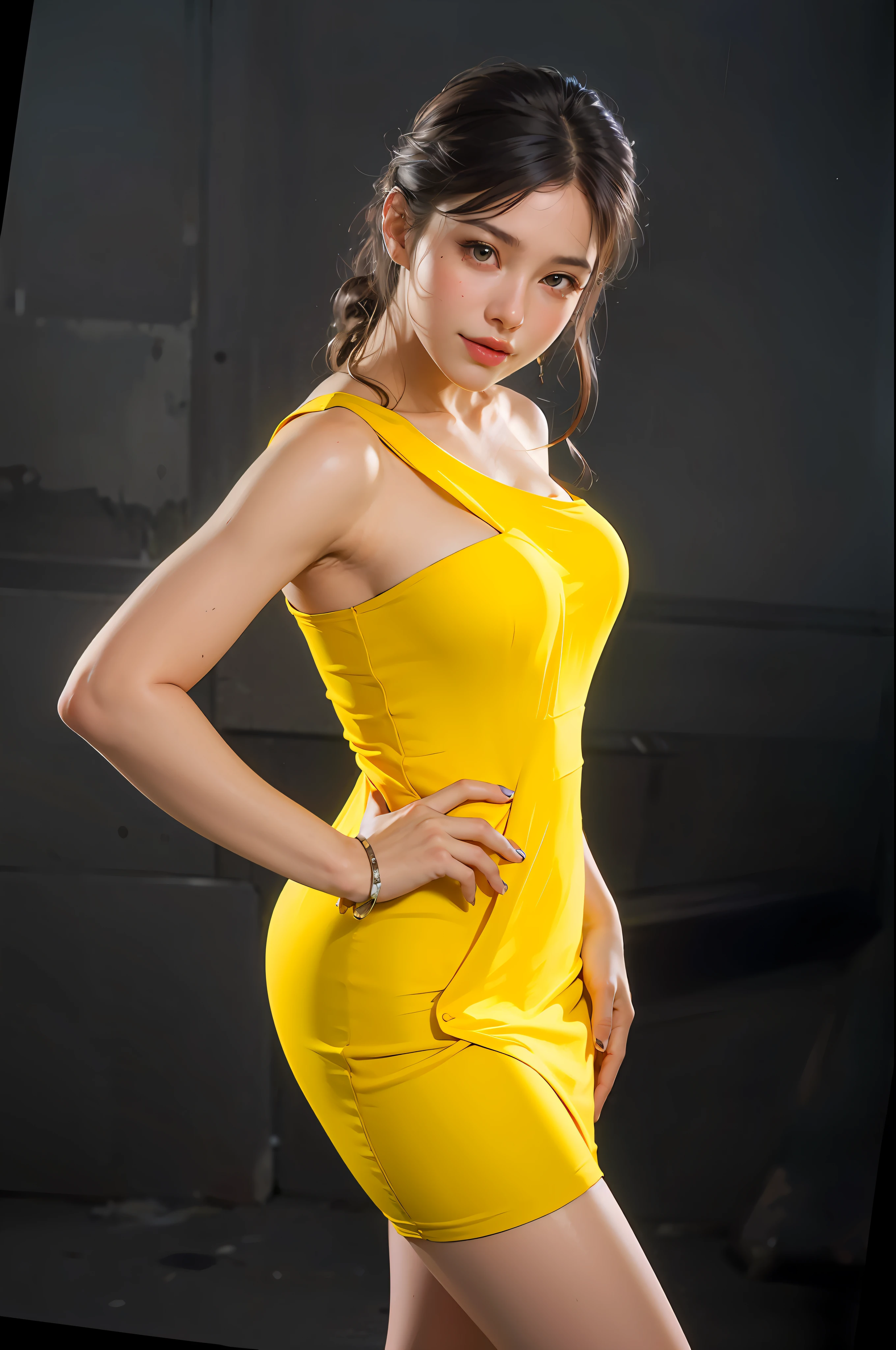 arafed woman in a yellow dress posing for a picture, lady using yellow dress, side pose, wearing a yellow dress, woman model, beautiful yellow woman, elegant yellow skin, tight dress, side - view, portrait of modern darna, side-view, with yellow cloths, full body photoshoot, looking from side, modeling photography, yellow overall,perfect posture, mix4,(64k, RAW photo, best quality, masterpiece:1.2), (realistic, photo-realistic:1.37),1girl,cute,cityscape, night, rain, wet, professional lighting, photon mapping, radiosity, physically-based rendering,, gradient black colour hair, black hair, short curly hair, girl, white ball suit, top quality picture, high resolution, 1080p, (clear face), (detailed facial description), (detailed hand description), (masterpiece), (exquisite CG), extreme light and shadow, messy hair, master's work, rich details, (fine facial features), (highest quality picture), (masterpiece), (detailed eyes),Look ahead with your eyes,Fine collarbone,(huge breast), (squatting pose), (highest hyper realistic:1.3), (highest illustration), (highest resolution), (extremely ultra highest detailed), (best illustration), (beautiful detailed eyes), (ultra highest detailed), (highest masterpiece), (wallpaper), (ultra highest detailed face), (tight abs), (realism photohyperrealistic) , (blushing whitened skin), (Best Quality), (((1 girl))), (hyperrealistic, photo-hyper-realistic:1.37), (ultra-detailed), (cute), (solo), (smile:1.15), (closed mouth) , (beautiful detailed eyes), (((whitened skin))), (skin white), (bright skin), (pretty skin), (fresh skin), (realism photohyperrealistic), (Best Quality), (( big Chest: 1.2)), (bikini: 1.1), (Highly Detailed Face and Skin Texture), (Fine Eyes), (very realistic), (portrait of 20 years old), (perfect beautiful) (face detailed), (cute face), (beautiful eyes), (perfect eyes detailed), (perfect anatomy), (very cute), (64k Resolution), (human hands), (elegant), (detailed hairstyle), (photohyperrealistic), (RAW photo:1.2), (be