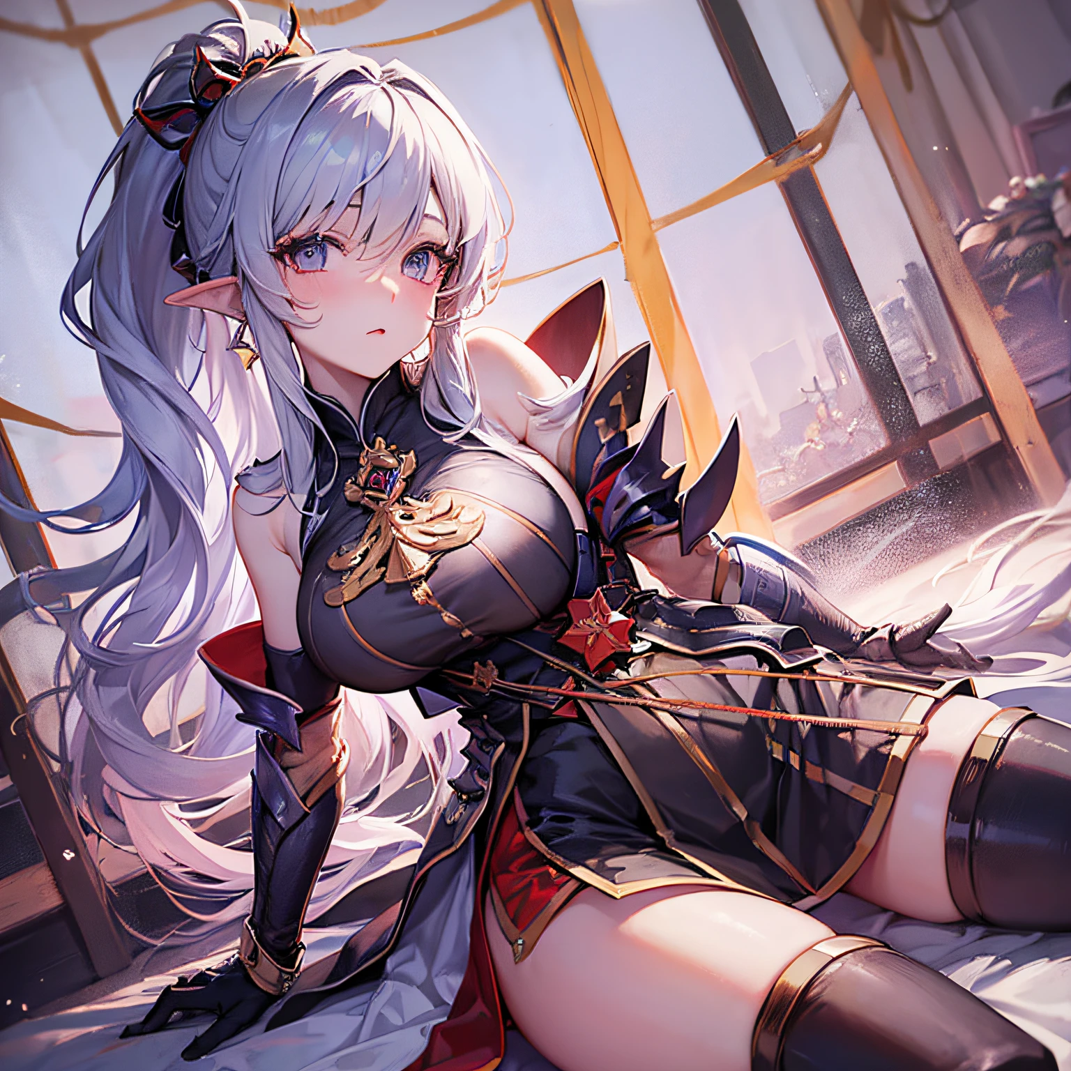Peerless beauty,Perfect slim body,Mature royal sister face,Double ponytail curls,Knight armor,Sexy and seductive,Nice face,Full body like,4K quality,Feminine expression,Blush shyness,Star-like deep eyes,Huge breasts,short miko skirt,Knife pulling posture。Overflowing bust,Fight Warcraft,speed lines,the best quality t,master-piece,Magnificent background,On the battlefield,Clothes are broken