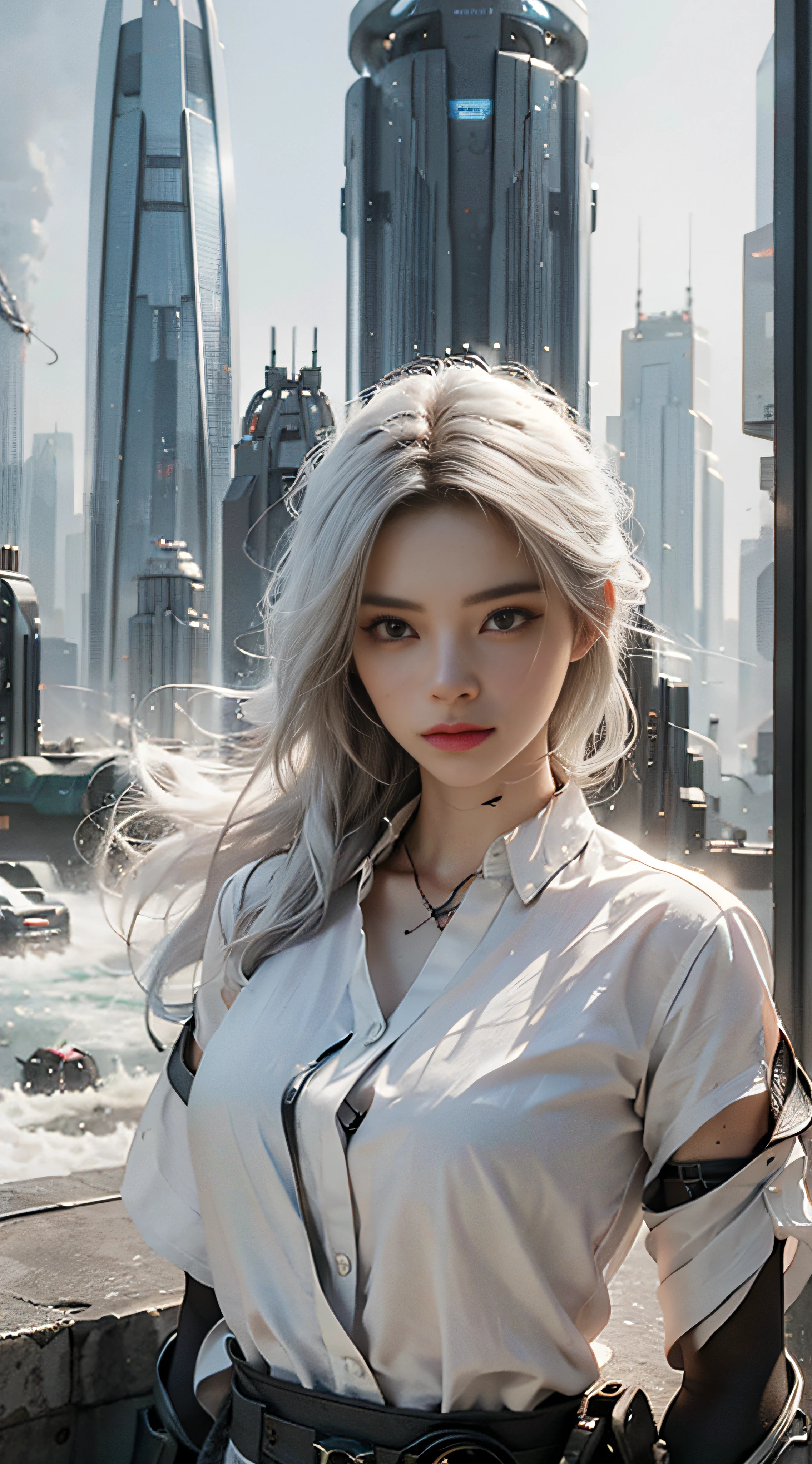 White skin, white shirt, front, upper body, high-tech lighting scene of futuristic city in the background, virtual engine 5, perfect detail rendering, octane rendering, ultra HD