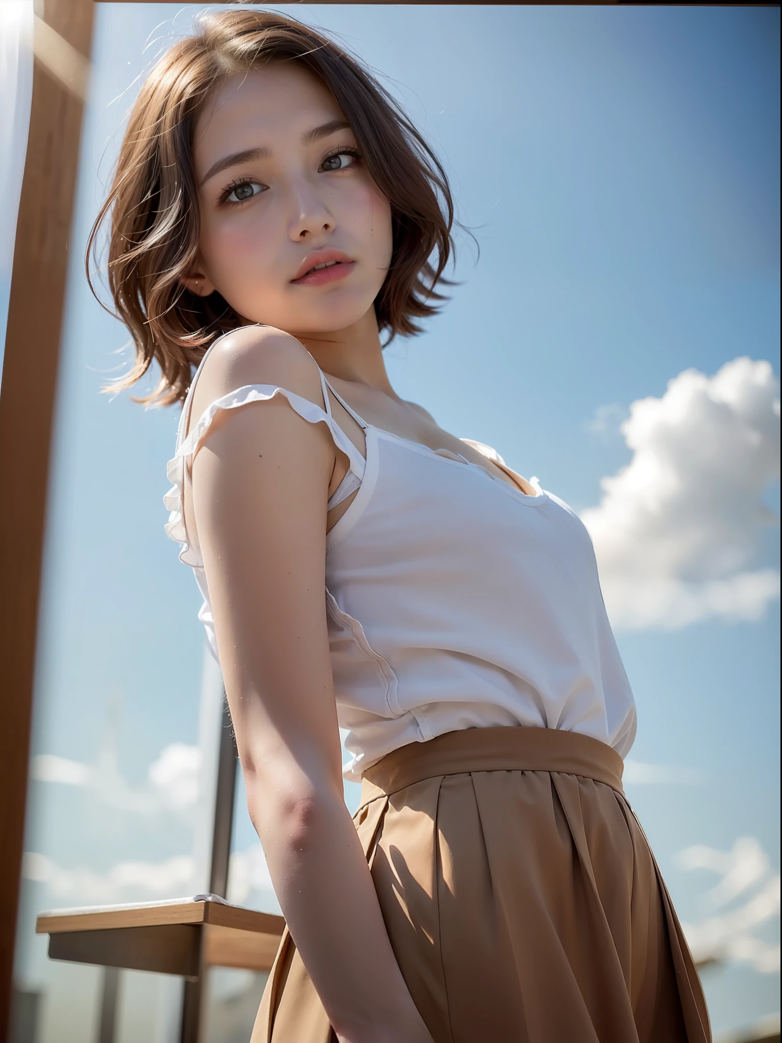 ((Best quality, 8k, Masterpiece: 1.3, raw photo)), Sharp focus: 1.2, 1 girl, (realistic, photo-realistic:1.37), face focus, cute face, small , flat chest, messy short hair, standing, look back, (white camisole: 1.2), skirt, hotel, sunlight, cinematic lighting, from below