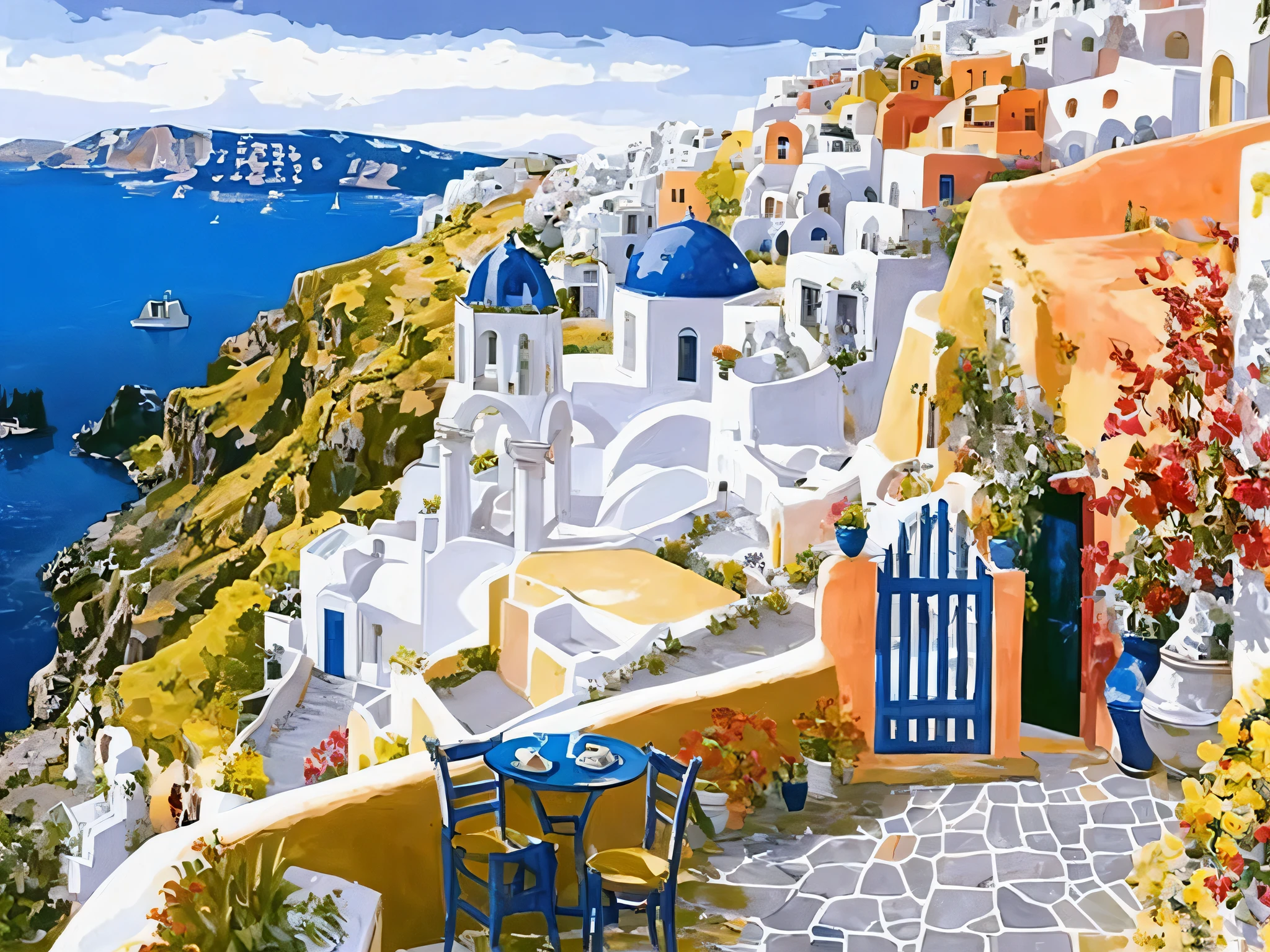 a painting of a view of a village with a blue door, greek fantasy landscape, in a mediterranean lanscape, mediterranean island scenery, mediterranean vista, In Santorini Island, greek setting, santorini, mediterranean city, greek fantasy panorama, mediterranean vista, painting of beautiful, scenery art detailed, ancient mediterranean village, Cliffside town, beautiful scenic view, Outdoor European cityscape Highest image quality (3:4 Figure size)