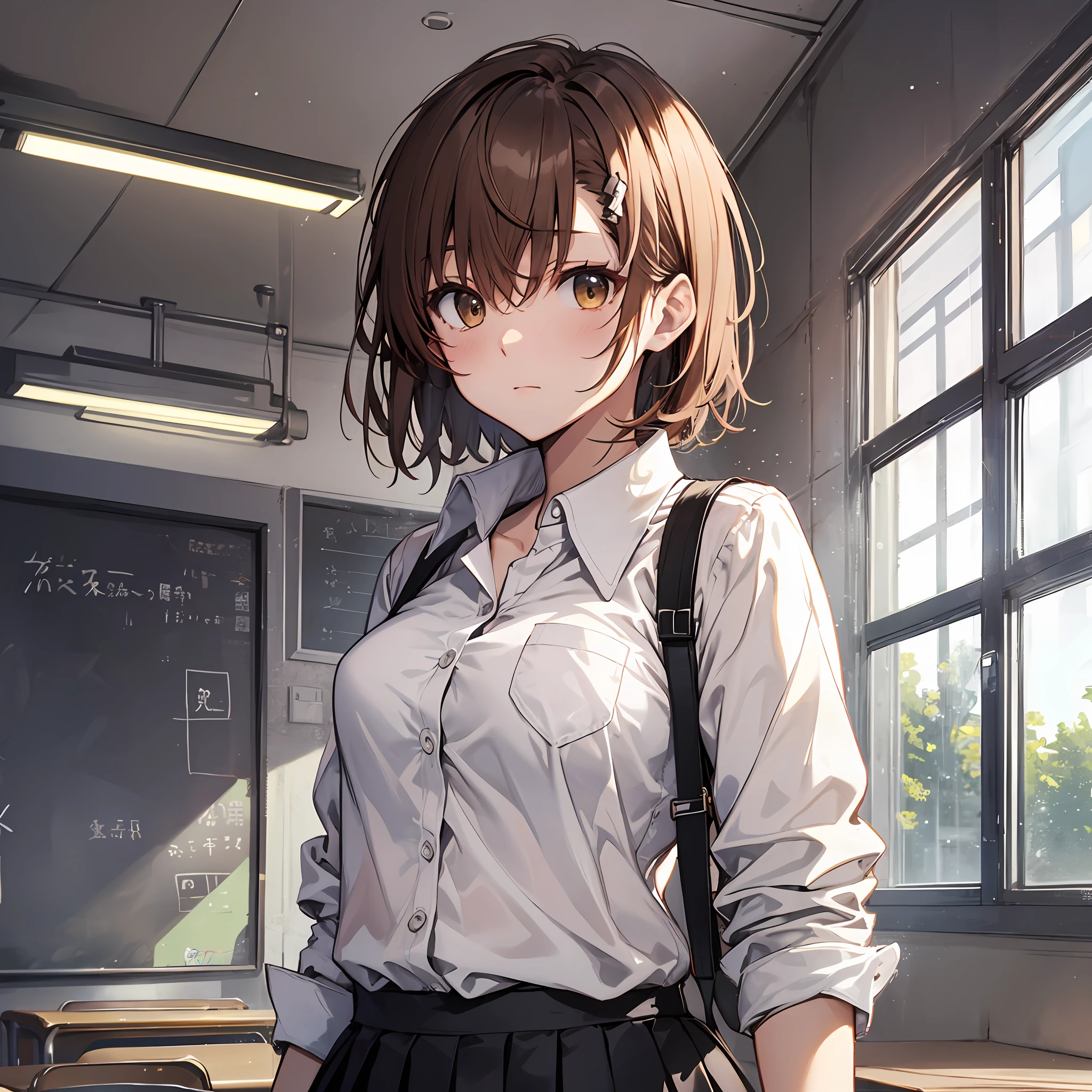 make, best qualiy, Misaka_mikoto, brown eyess, Short_hair, Small_Breast, looking at the viewers, 独奏, Closed_Mouth, collars_Shirt, School_uniform, shirts, whited_Shirt, , class room full bodied miniskirts Cool look Panchira