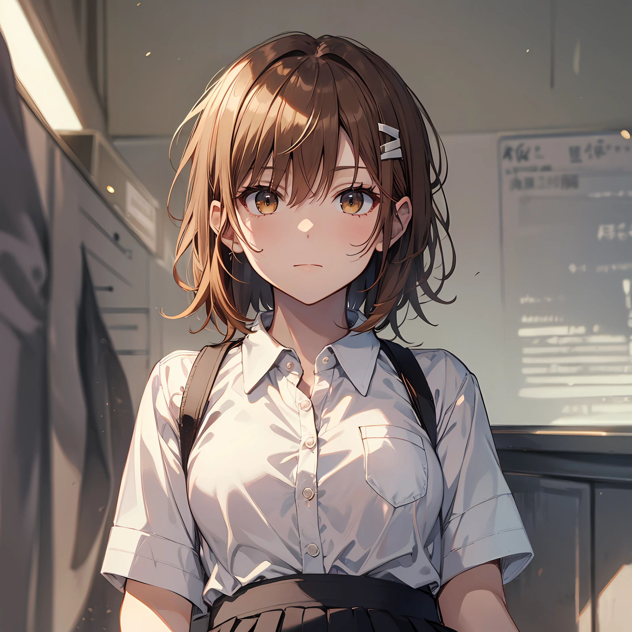 make, best qualiy, Misaka_mikoto, brown eyess, Short_hair, Small_Breast, looking at the viewers, 独奏, Closed_Mouth, collars_Shirt, School_uniform, shirts, whited_Shirt, , class room full bodied miniskirts Cool look Panchira