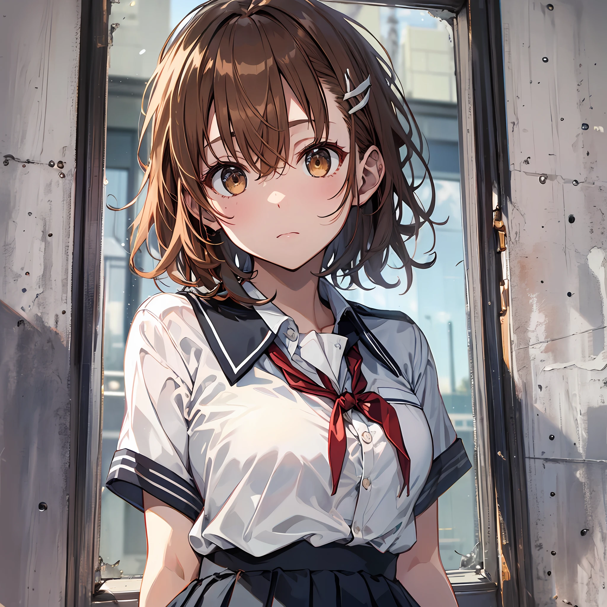 make, best qualiy, Misaka_mikoto, brown eyess, Short_hair, Small_Breast, looking at the viewers, 独奏, Closed_Mouth, collars_Shirt, School_uniform, shirts, whited_Shirt, , class room full bodied miniskirts Cool look Panchira