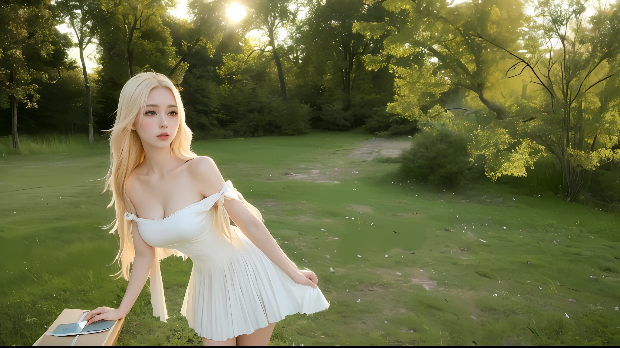 (obra maestra, mejor calidad), 1 girl with long white hair sitting in a field of green plants and flowers, ((mariposas multicolores)), con la mano debajo de la barbilla, warm lighting, vestido blanco, primer plano borroso, perro color canela detras
