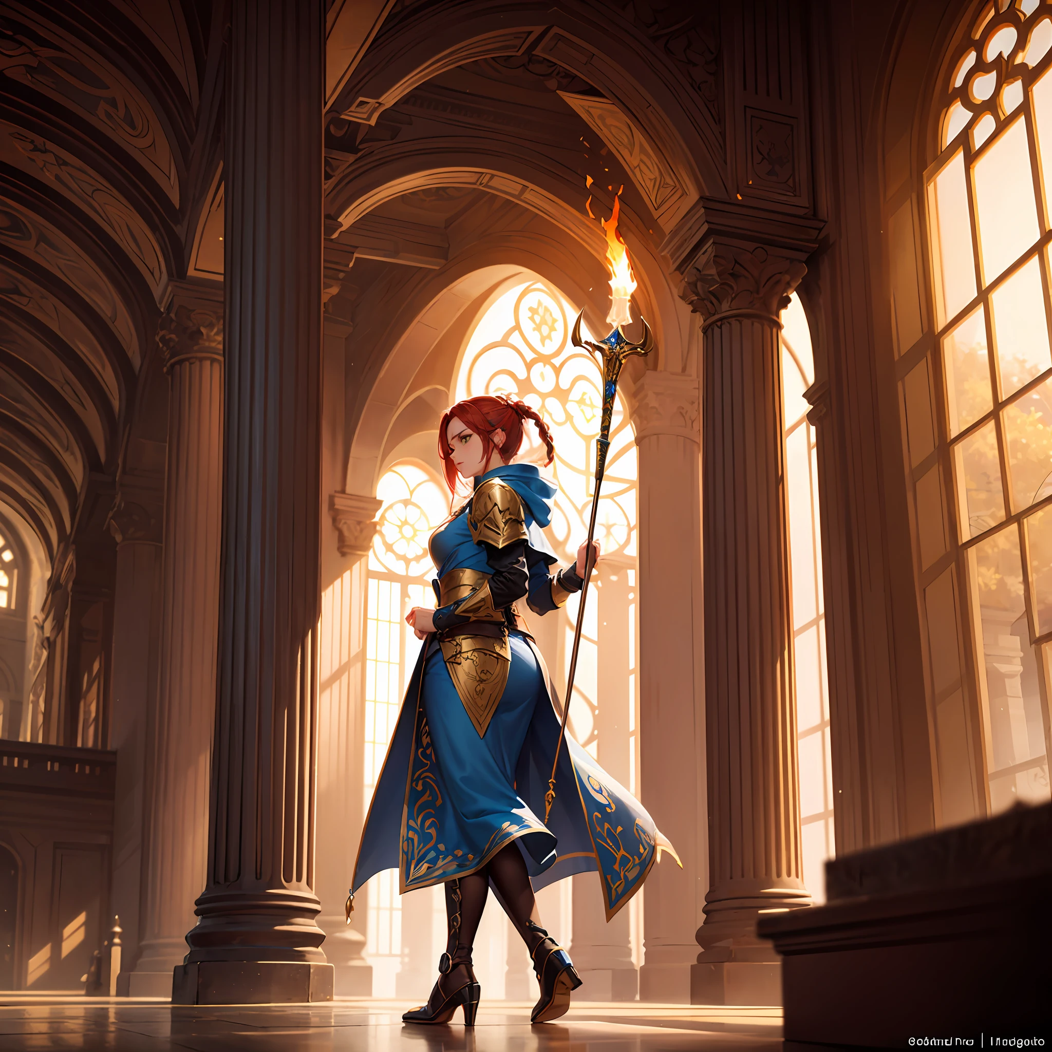 fantasy world, dnd art female, dwarf, (Masterpiece 1.5, intense details), red haired, green eyes, slightly pointred ears, braided hair,(Masterpiece, intense details),cleric, templar, casting a spell (Masterpiece, intense details dnd art) ,wearing white heavy armor with sigils (Masterpiece, intense details). Carrying a flaming axe (Masterpiece 1.5, intense details),Wearing a blue cloak with sigils (Masterpiece 1.4, intense details), holy symbol, radiant yellow light,(Masterpiece, intense details) standing near fantasy setting temple at dawn, sun, backligt, (Masterpiece, intense details) glowing light, ray tracing, reflection light, silhouette, wide shot, panorama, Ultra-Wide Angle, award winning, best quality, HD, 4K, high details