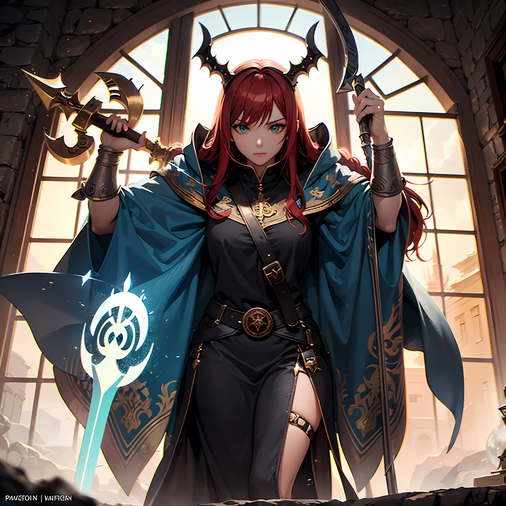 fantasy world, dnd art female, dwarf, (Masterpiece 1.5, intense details), red haired, green eyes, slightly pointred ears, braided hair,(Masterpiece, intense details),cleric, templar, casting a spell (Masterpiece, intense details dnd art) ,wearing white heavy armor with sigils (Masterpiece, intense details). Carrying a flaming axe (Masterpiece 1.5, intense details),Wearing a blue cloak with sigils (Masterpiece 1.4, intense details), holy symbol, radiant yellow light,(Masterpiece, intense details) standing near fantasy setting temple at dawn, sun, backligt, (Masterpiece, intense details) glowing light, ray tracing, reflection light, silhouette, wide shot, panorama, Ultra-Wide Angle, award winning, best quality, HD, 4K, high details