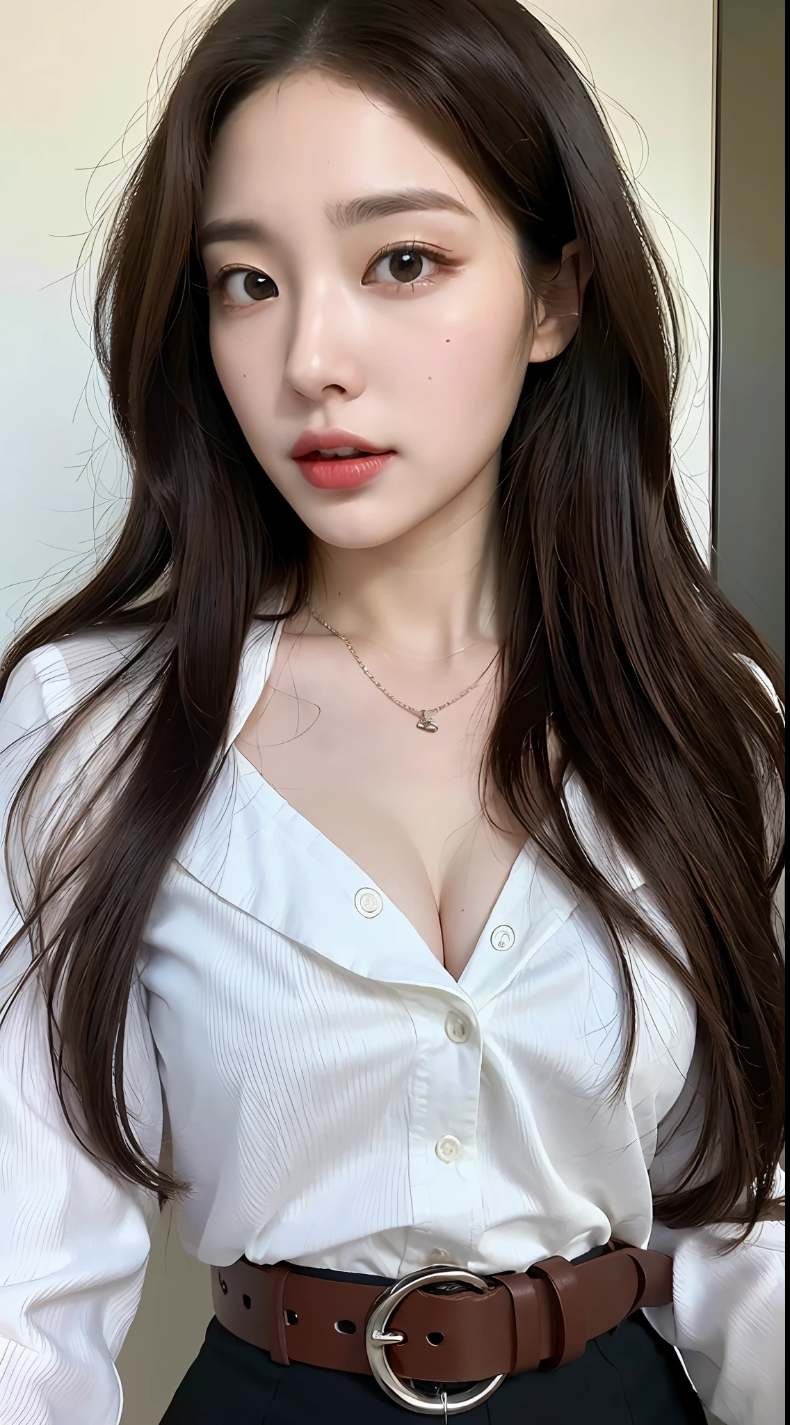 (Best quality, High resolution, Masterpiece :1.3), A tall and pretty woman, Slender abs, Dark brown hair styled in loose waves, Breasts, Wearing pendant, White button up shirt, Belt, Black skirt, (Modern architecture in background), Details exquisitely rendered in the face and skin texture, Detailed eyes, Double eyelid