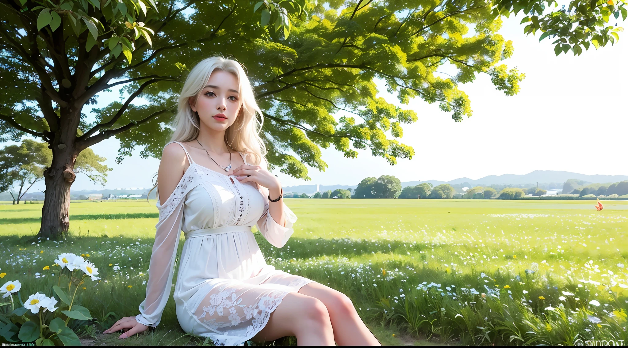 (obra maestra, mejor calidad), 1 girl with long white hair sitting in a field of green plants and flowers, ((mariposas multicolores)), con la mano debajo de la barbilla, warm lighting, vestido blanco, primer plano borroso, perro color canela detras