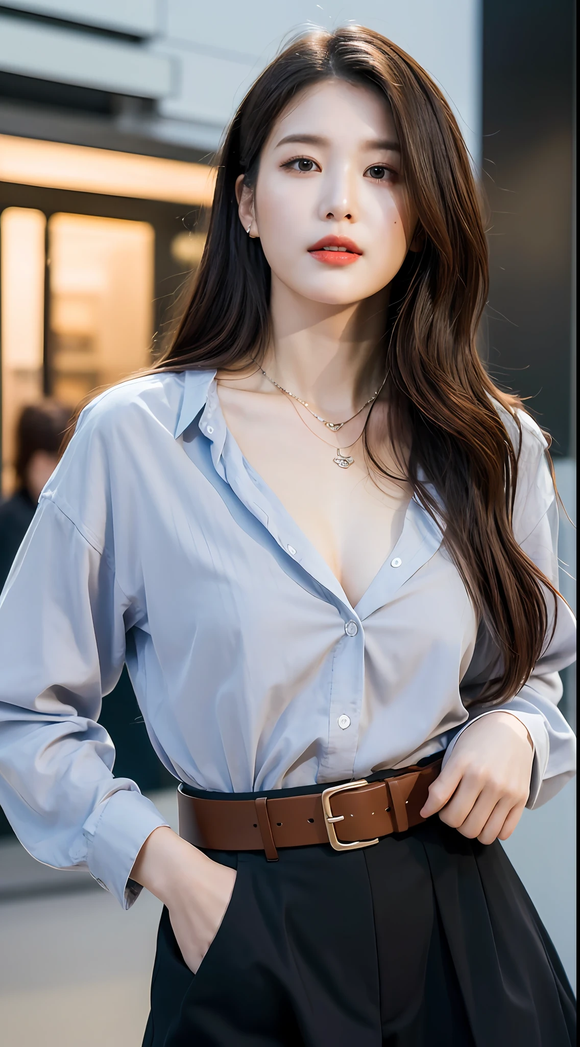 (Best quality, High resolution, Masterpiece :1.3), A tall and pretty woman, Slender abs, Dark brown hair styled in loose waves, Breasts, Wearing pendant, White button up shirt, Belt, Black skirt, (Modern architecture in background), Details exquisitely rendered in the face and skin texture, Detailed eyes, Double eyelid