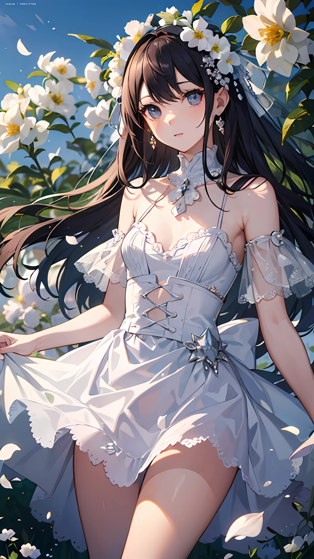 (masterpiece, best quality:1.6), white lace dress, cowboy shot, thighs, beautiful girl, (flowers, many small white petals:1.3), garden, blue sky, looking at viewer, small waist, official art, raw photo, incredibly absurdres, facelight, dynamic lighting, cinematic lighting, ultra realistic, highres, photography, sharp focus, highest detailed, extreme detailed, ultra detailed, finely detail, extremely detailed eyes and face