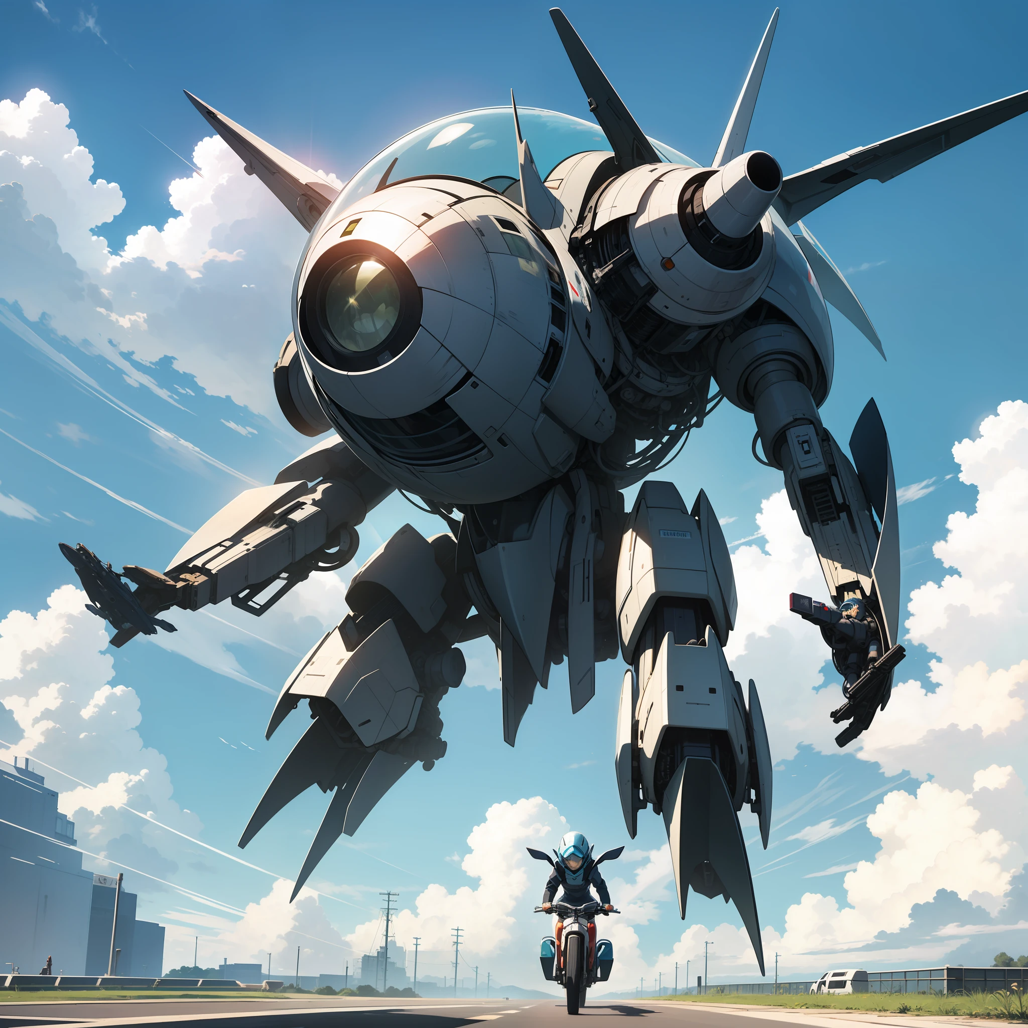 6A mecha walking on its feet and an riding on its back to indicate the direction of travel、A few clouds in the blue sky、autopilot、enmaided、Sunlight reflecting off the metallic green fuselage、