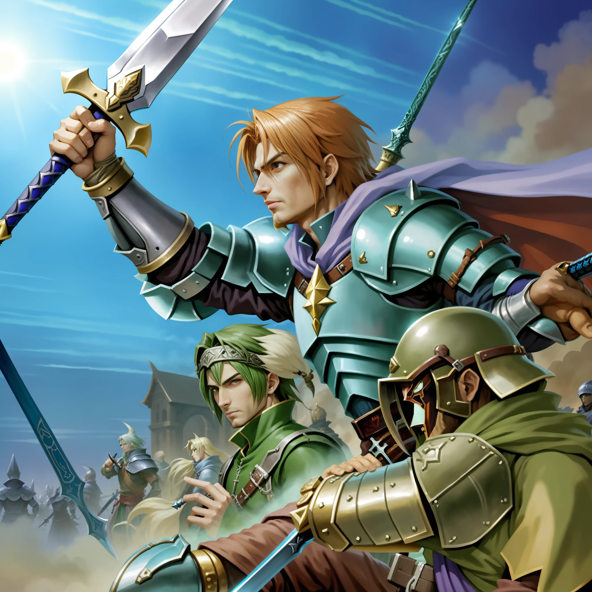 a close up of a person holding a sword in a field, lodoss, rpg artwork, jrpg character art, final fantasy tactics character, coriolios rpg art style, casimir art, promotional art, hq artwork, key art, golden sun, boromir in an 80\'s anime world, rpg art, art style of dark cloud 2