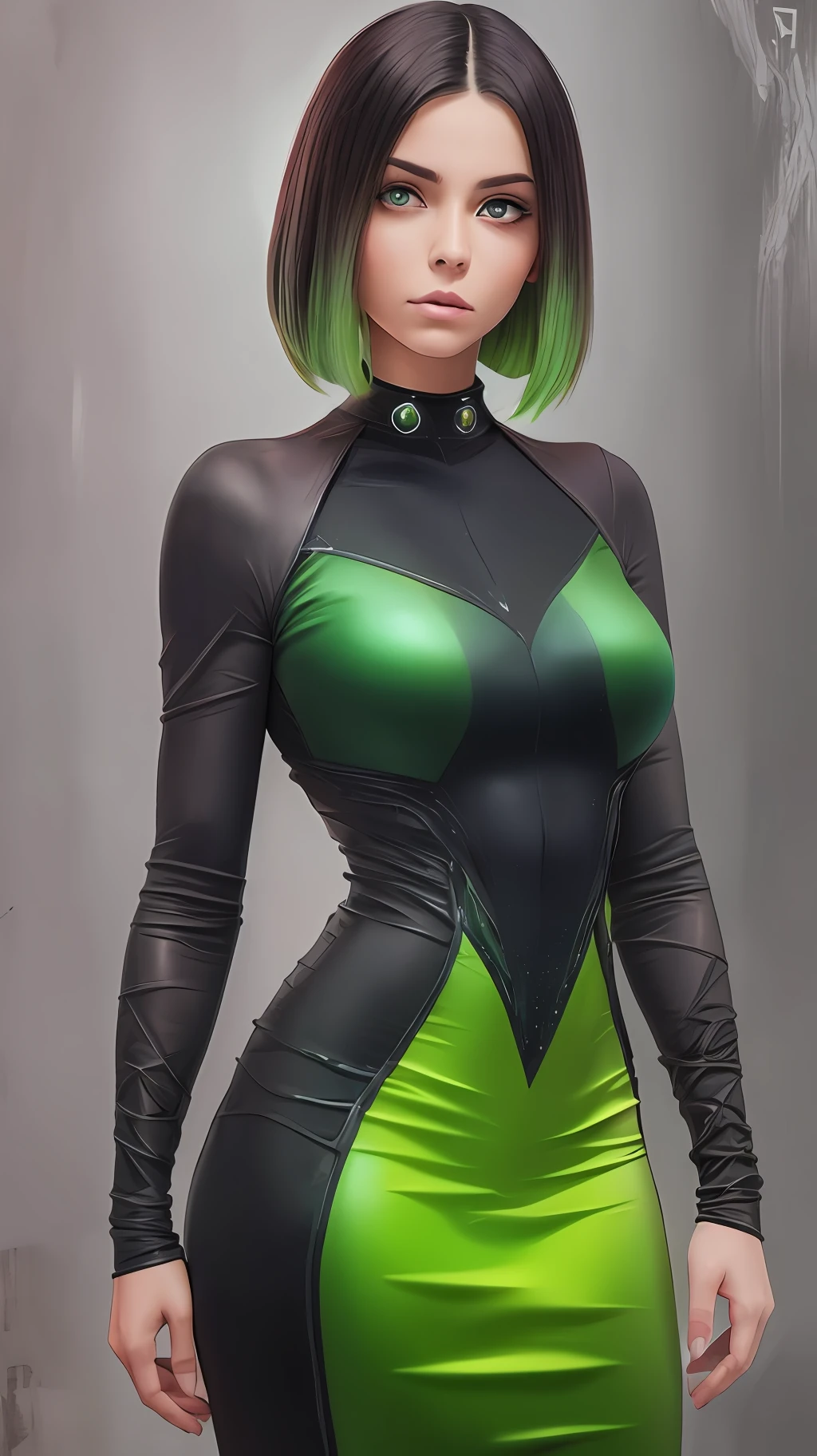 guapa alien con pelo de color verde. (pecho grande:1.2). vestida con vestido ajustado y corto metalico de color rojo oscuro. pintura digital. ultra detallado.8k.fotorealista --auto --s2