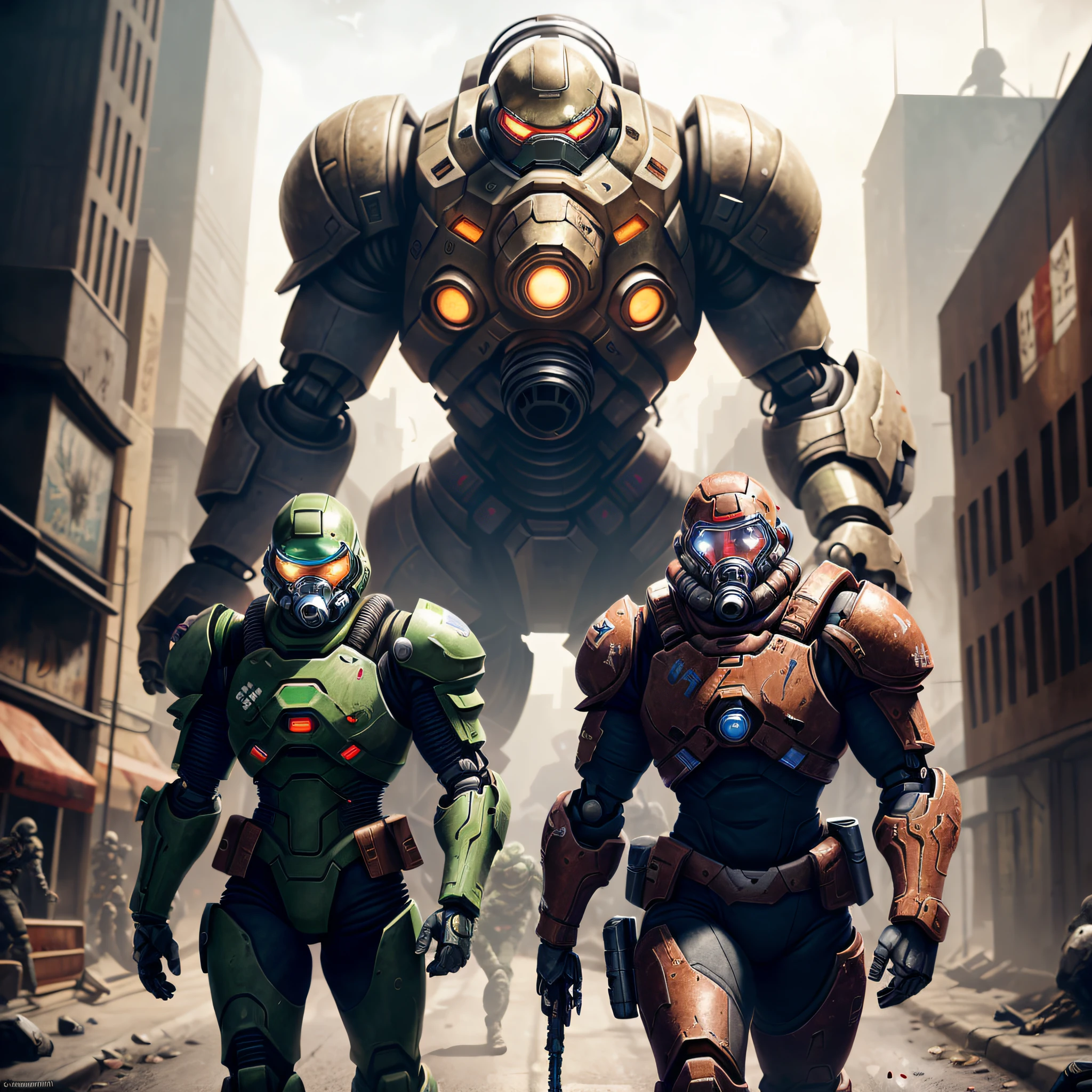 there are two robots walking in a city street with a man in a gas mask, Doom Slayer, fantasy art of doom slayer, Doom Slayer de Doom Eternal, Le Doom Slayer, jesus christ is the doom slayer, key art, Danny DeVito Doom Slayer, doom guy resembling samus, by John La Gatta, anthem game, doom video game