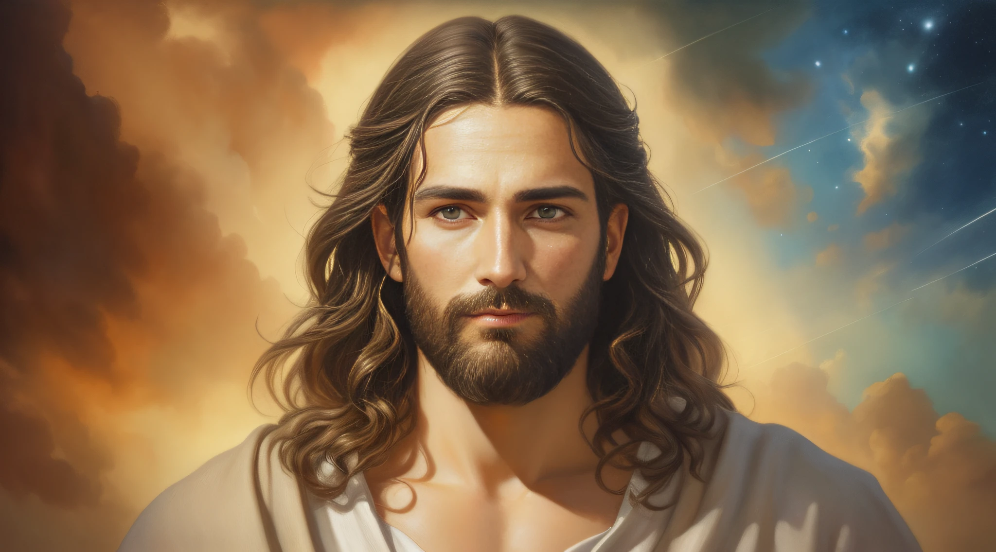 A beautiful ultra-thin realistic portrait of Jesus, the prophet, a 33 year old man Hebrew brunette, short brown hair, long brown beard, with open arms, wearing long linen tunic closed on the chest part, in front view, full body, biblical, realistic,by Diego Velázquez,Peter Paul Rubens,Rembrandt,Alex Ross,8k,Concept Art, PhotoRealistic, Realistic,  Illustration, Oil Painting, Surrealism, HyperRealistic, brush brushes, Digital art, style, watercolor, celestial background