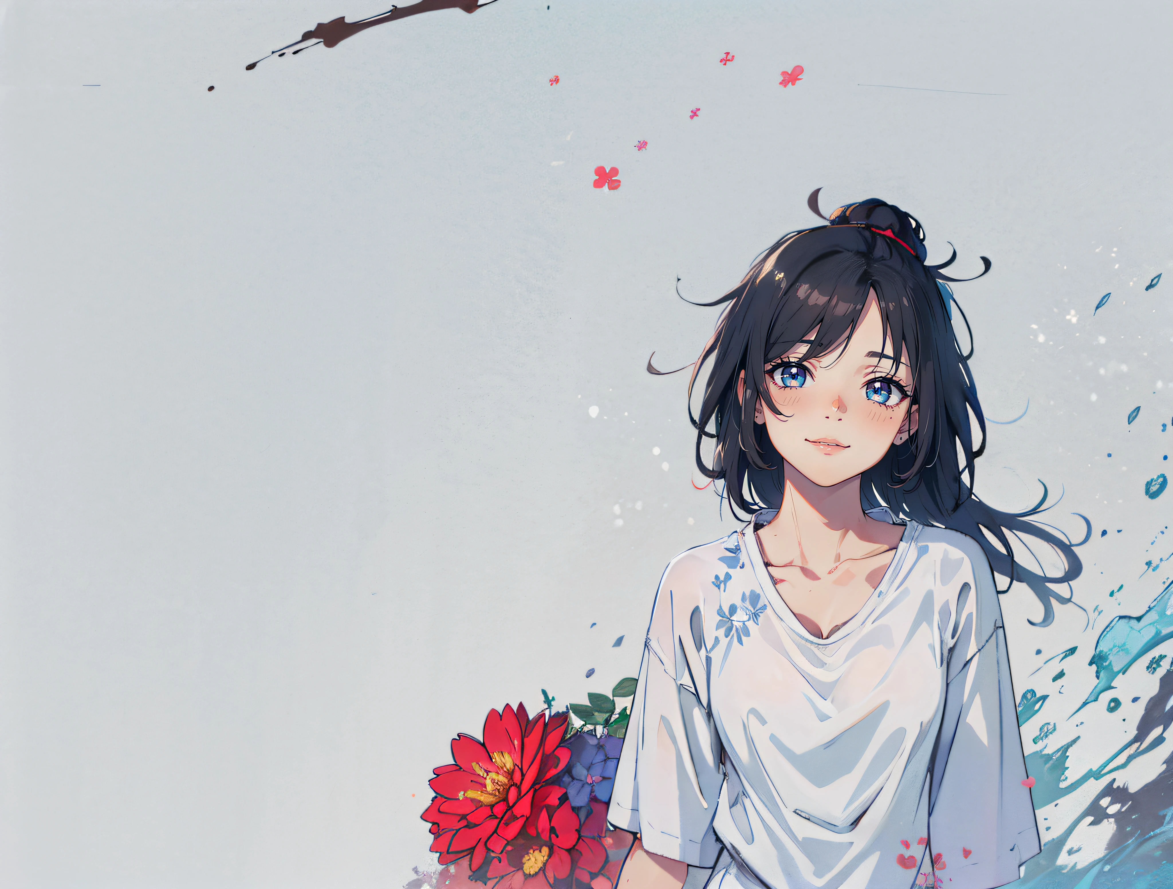 Anime girl with flowers in her hair and a white shirt - SeaArt AI