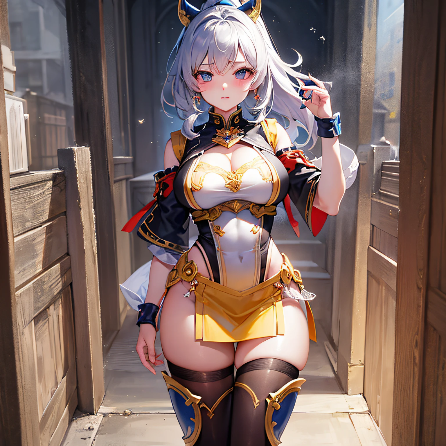Peerless beauty，Perfect slim body，Mature royal sister face，Double ponytail curls，Knight armor，Sexy and seductive，Nice face，Full body like，4K quality，Feminine expression，Blush shyness，Star-like deep eyes，Huge breasts，short  miko skirt，Knife pulling posture。Overflowing bust，Fight Warcraft，speed lines，the best quality t，master-piece，Magnificent background，On the battlefield，Clothes are broken