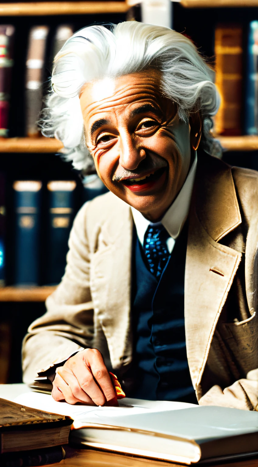 (masterpiece, high resolution, vintage style, color photo:1.4), Albert Einstein, (wild white hair:1.2), sporting (bright lipstick marks:1.2) on his neck, seated at his desk, study environment, strewn scientific papers, mathematical equations, vintage lamp, (wooden bookshelves filled with books:1.1), warm earthy tones, lively atmosphere, looking at viewer, laughing.