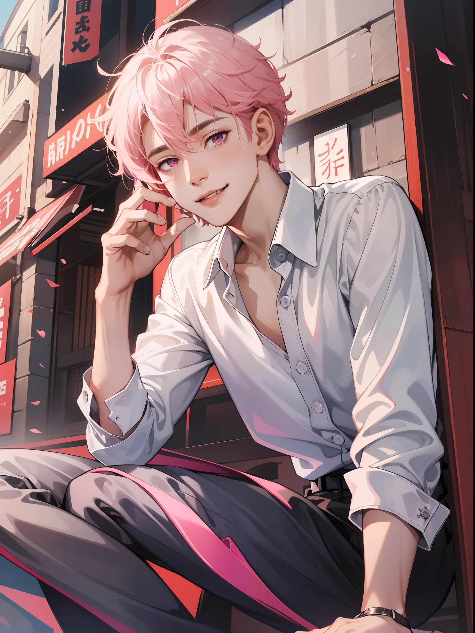 Absurdres, intricate details, masterpiece, best quality, ultra high res, 8k, close-up of face, 1boy, male, white blouse shirt, skinny, slender, white shiny skin, light smile, big pink eyes, eye reflections, short male pink hair, outdoor, (battle), (magic), full body