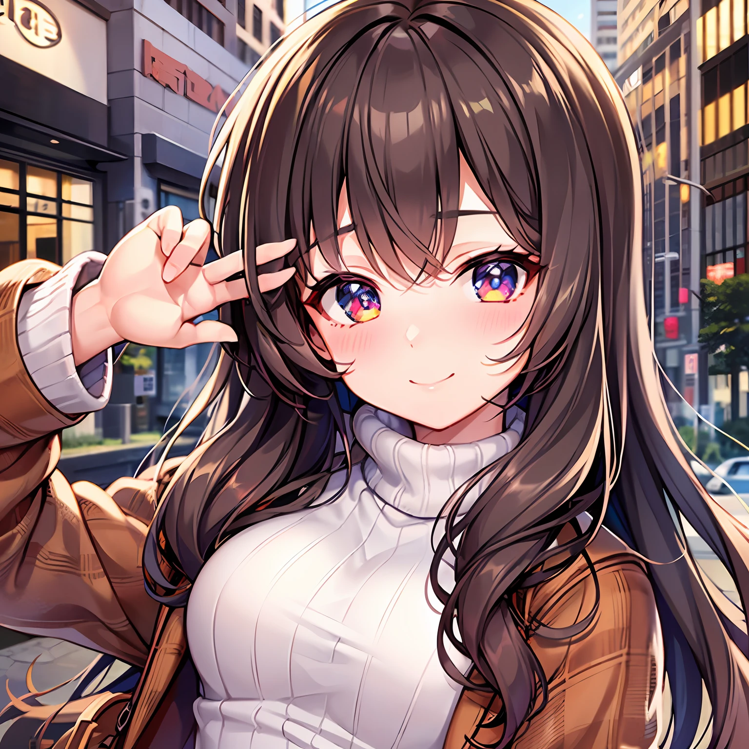 1girls, Petite and cute 23 year old girl、baby-faced、Breasts are large、brown colored hair、semi long hair、White turtleneck sweater、Duffel coat、Red check muffler、Long pleated skirt、stockings、A slight smile、peace signs、No background