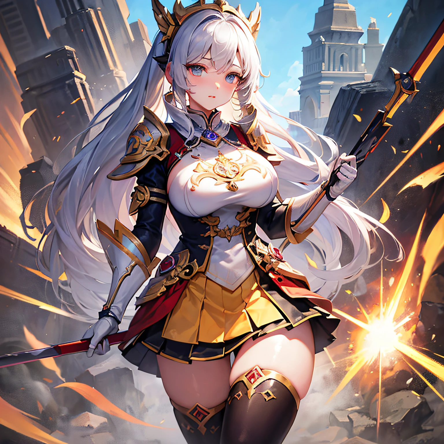 Peerless beauty,Perfect slim body,Mature royal sister face,Double ponytail curls,Knight armor,Sexy and seductive,Nice face,Full body like,4K quality,Feminine expression,Blush shyness,Star-like deep eyes,Huge breasts,short miko skirt,Knife pulling posture。Overflowing bust,Fight Warcraft,speed lines,the best quality t,master-piece,Magnificent background,On the battlefield,Clothes are broken