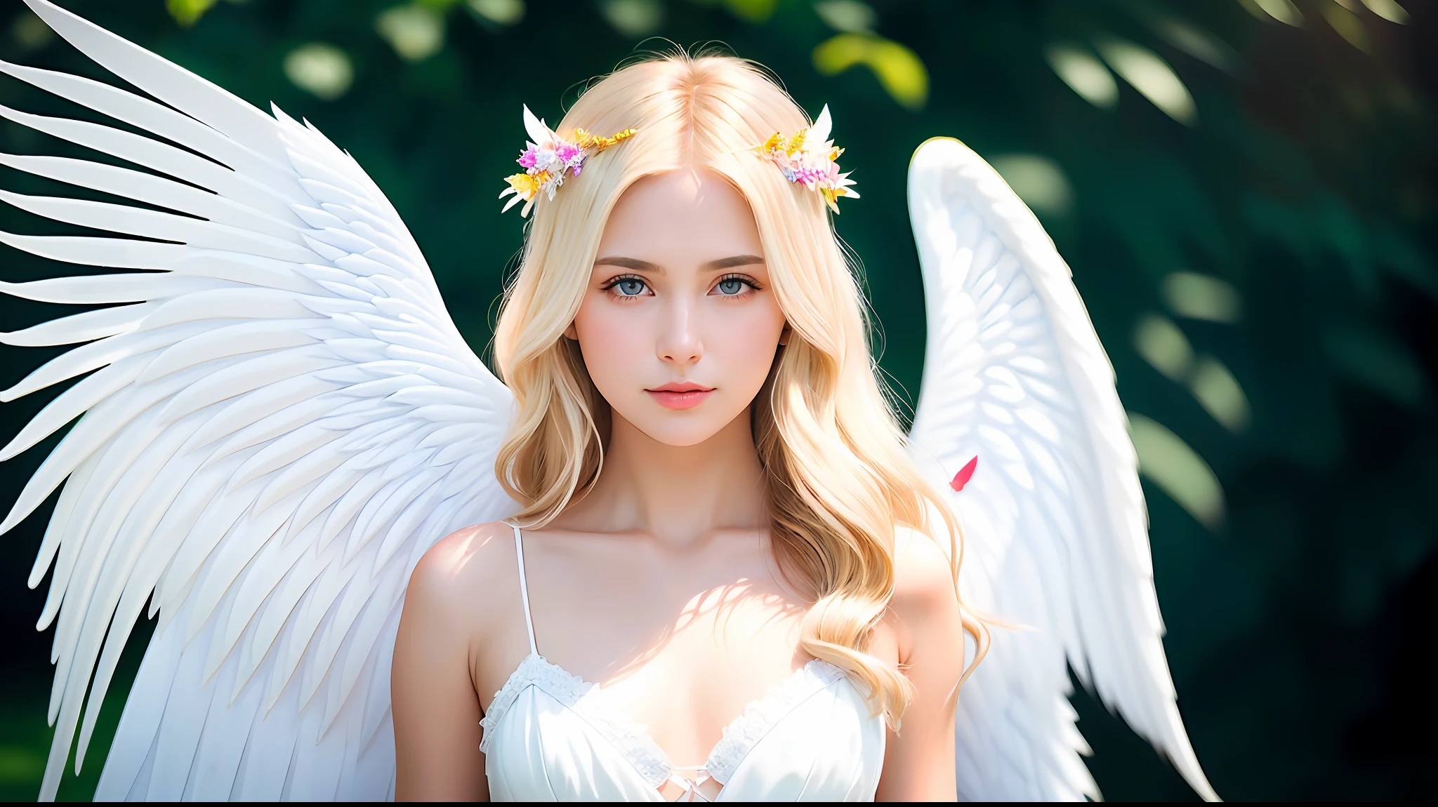 (obra maestra, mejor calidad), 1 girl with long white hair sitting in a field of green plants and flowers, ((mariposas multicolores)), con la mano debajo de la barbilla, warm lighting, vestido blanco, primer plano borroso, ((perro color canela detras de la escena))
