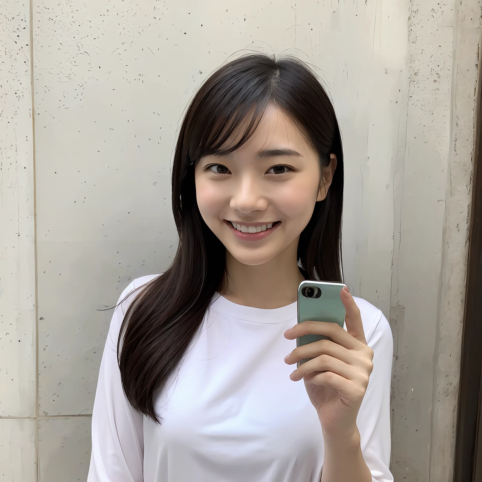 a japanese woman in front of a simple wall, smiling, good sign, hand a smartphone --auto