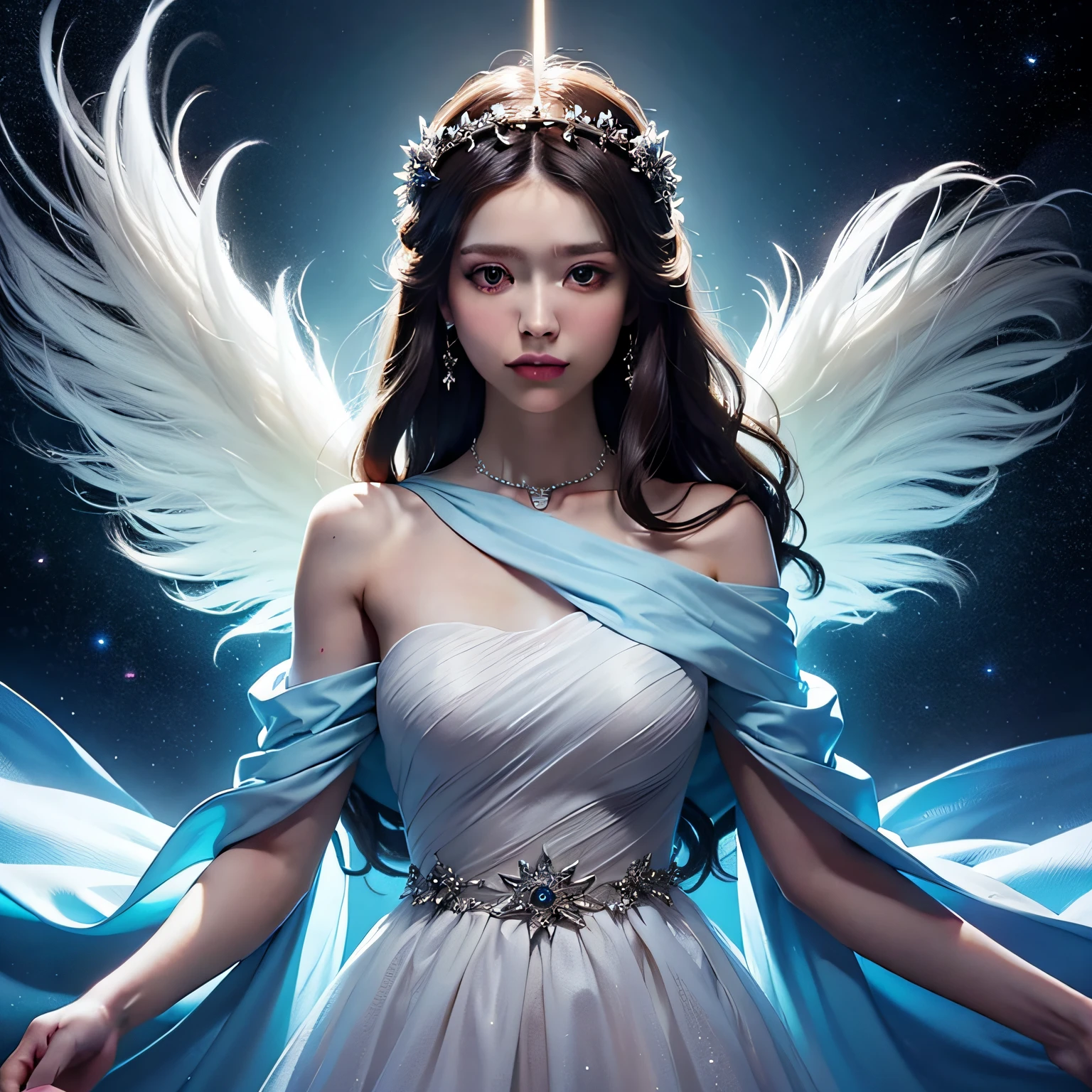 a woman in a white dress with blue lights on her shoulders, light dress, dark haired girl in a cosmic dress, light effect. feminine, dress made of fire, bokeh top cinematic lighting, ethereal lighting, wings made of light, imogen poots as a holy warrior, imogen poots, imogen poots as holy paladin, light effect. modern fantasy