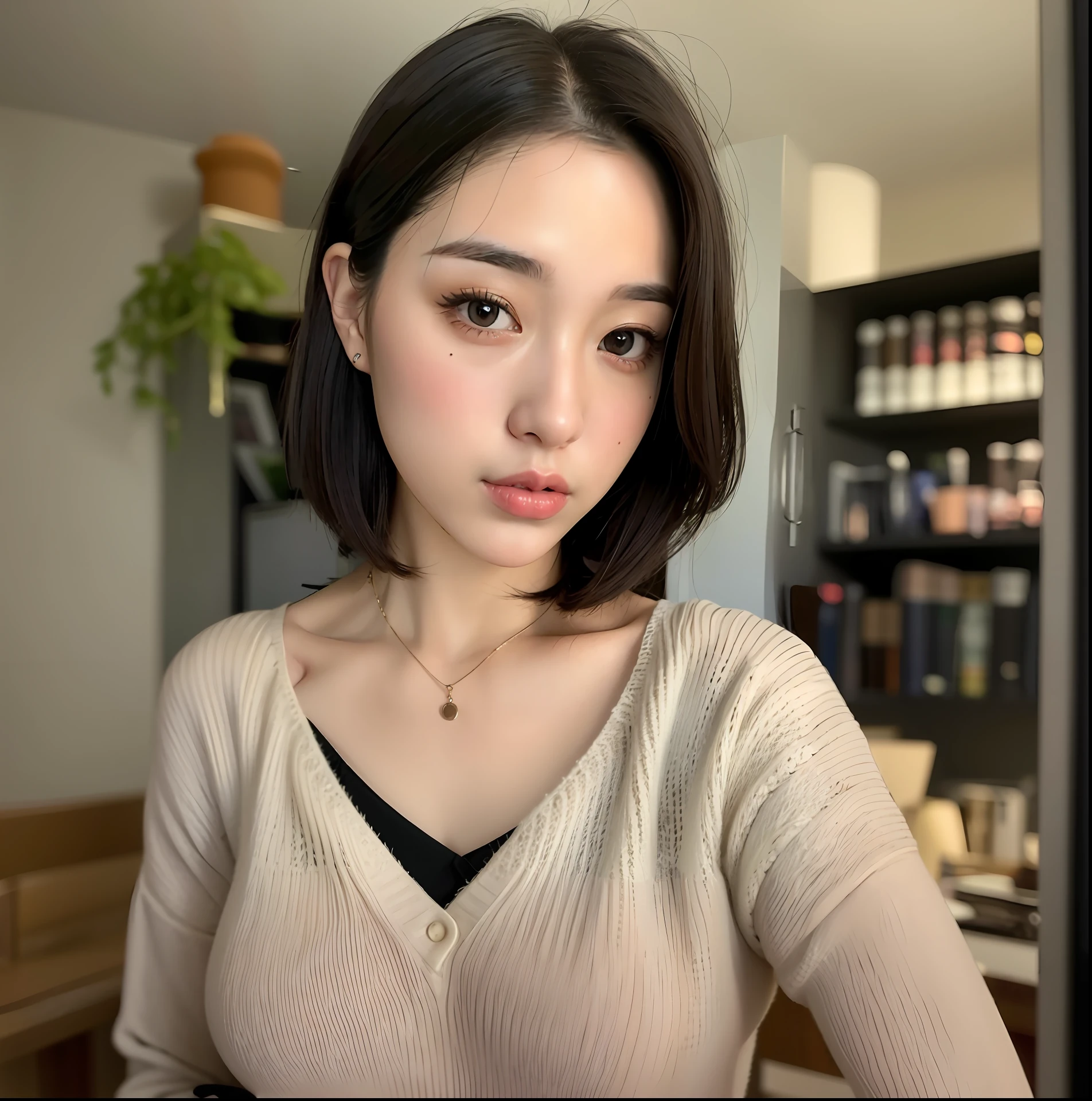 a close up of a woman with a sweater on posing for a picture, Popular Korean Makeup, popular south korean makeup, Young adorable Korean face, young cute wan asian face, with short hair, short brown hair and large eyes, beautiful japanese girls face, soft makeup, Gorgeous young Korean woman, girl cute-fine-face, kawaii realistic portrait, Beautiful young Korean woman、((big boob))