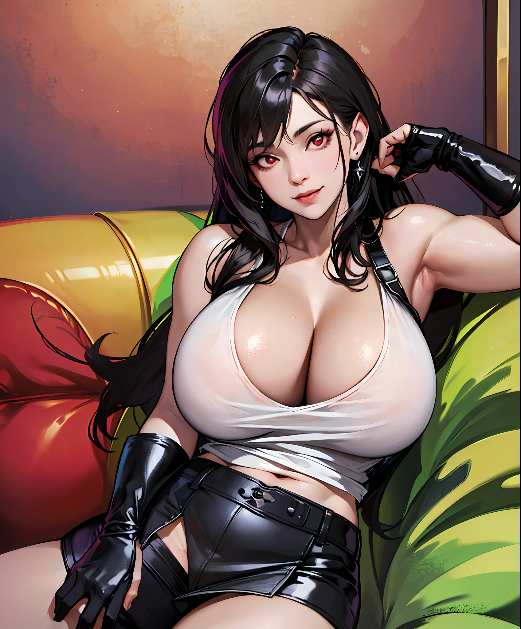 Tifa lockhart, tifa_lockhart, ff7, sultry face, (white tank top:1.2), black latex miniskirt, (black long hair), hair bangs (red eyes:1.3) long eyelashes, beautiful red eyes with brightness, surrealism, shadow, stereogram, (photorealistic, realistic: 1.2), POV, atmospheric perspective, cinematic lighting, ray tracing, 8k, super detail, best quality, masterpiece, well detailed, (Canan EOS R6, 135mm, 1/1250s, f/2.8, ISO 400:0.9), in a modern industrial apartment, red combat gloves, big breasts, slim, large boobs, huge boobs, (((ridiculously large breasts))), (absurdly huge breasts:1.5), ((gigantomastia)), ((macromastia)), (((gigantic breasts))), (((((enormous breast))))), laying on her side on a sofa, spreading legs, white thong (smiling) --auto --s2