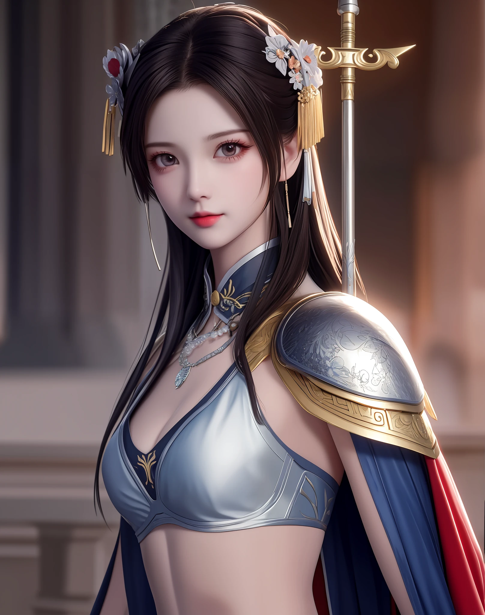 best quality, masterpiece, high resolution, 1girl, ancient chinese battlefield background, metal armor, cape, metal collar, ancient spear, silver spear, hair ornament, necklace, jewelry, beautiful face, upon_body, tyndall effect, realistic, dark studio, edge lighting, duotone lighting, (high detail skin:1.2), 8k ultra hd, dslr camera, soft lighting, high quality, volumetric lighting, candid, photos, high resolution, 4k, 8k, bokeh, Silver-white ?????? armor, ancient metal spear, ????? embroidery, metal cuirass, skinny, ???? arms, weapons, short bracers, stockings, parry