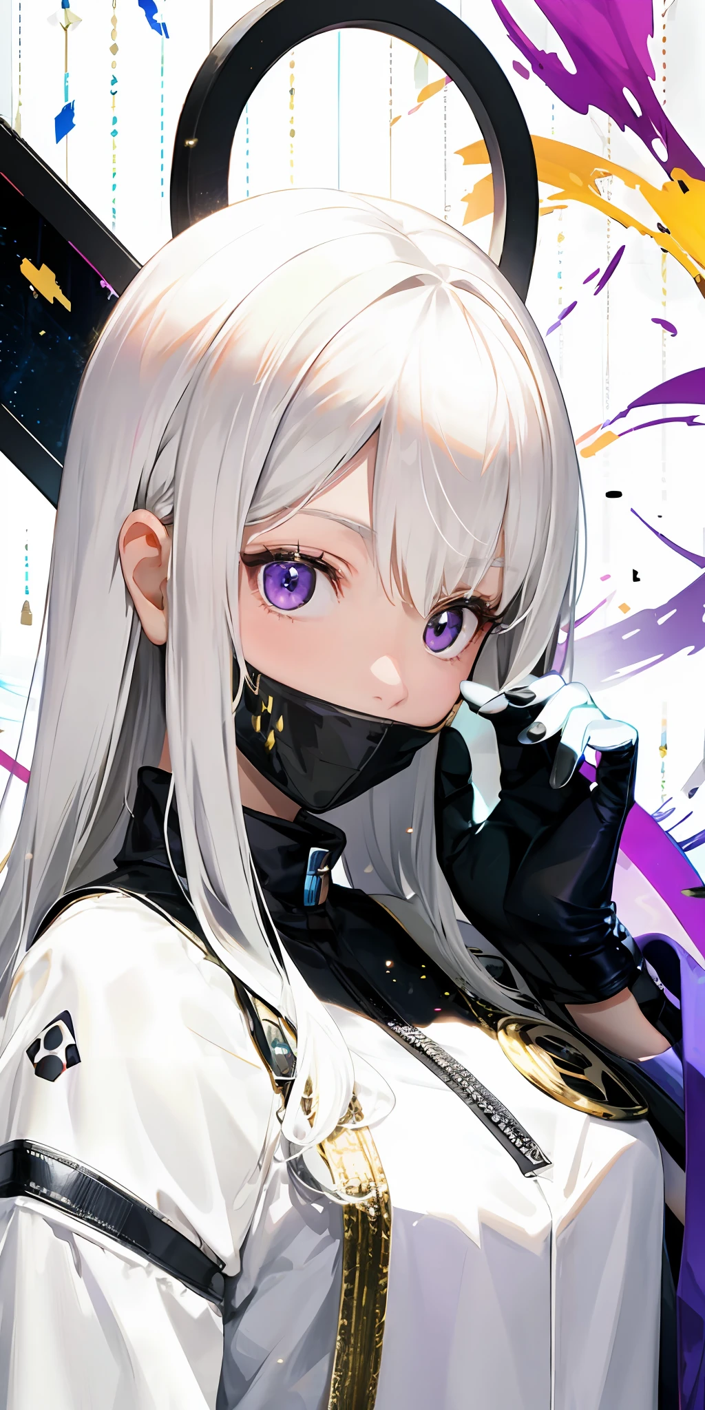 1girl, white hair, multicolored hair, purple eyes, mask on head, sidelighting, light particles, wallpaper,