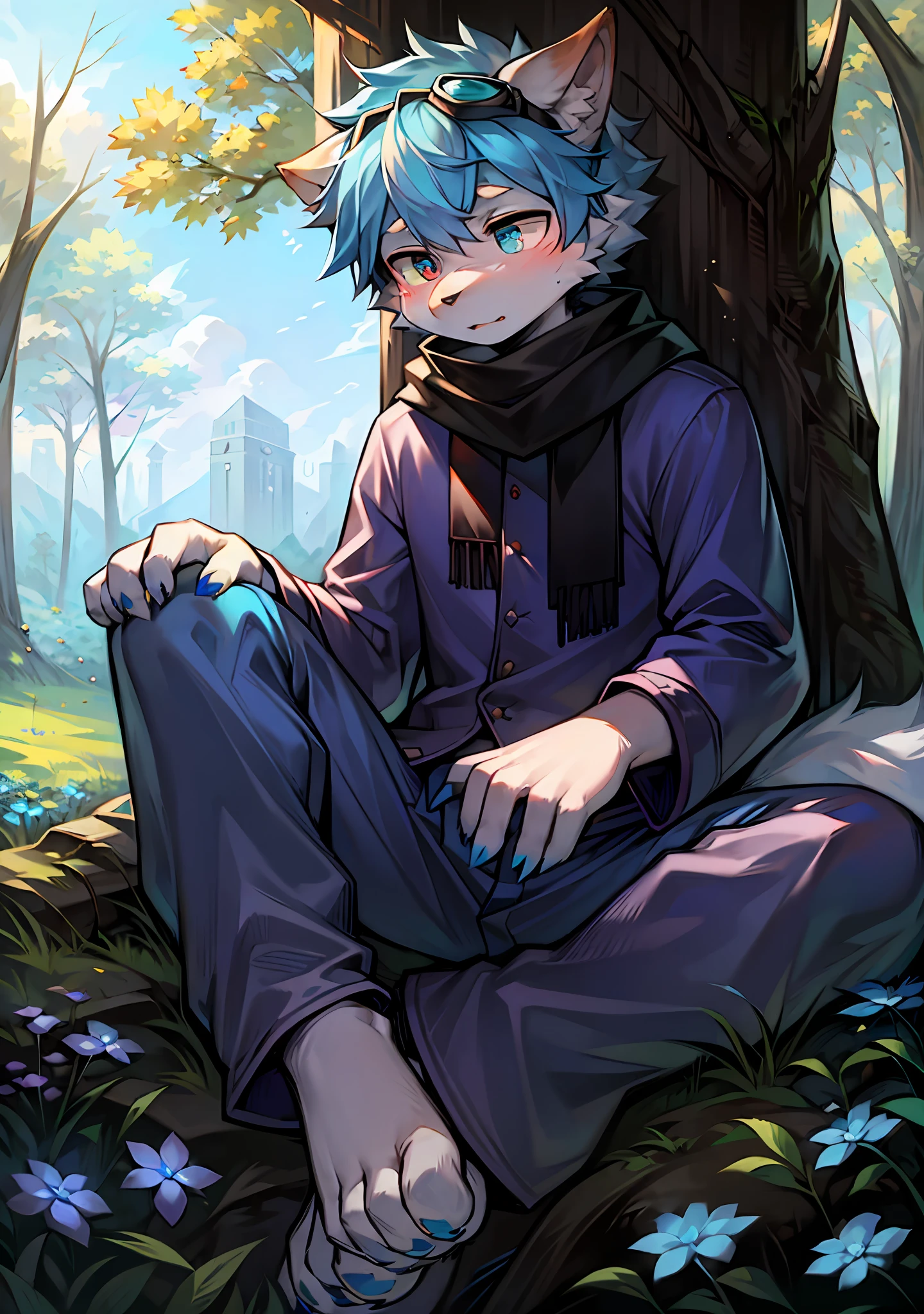 The gray wolf orcs with great personality sit quietly in the dense woods,Wear powder-blue goggles, he wears a gray scarf and comfortable pajamas,White paws under the feet。He is about 165cm tall,Gray fur is fluffy,A blue hourglass pattern adorns his flesh pad,The pupils flashed with a gray glow。He held a delicate magic bow in his hand,Be ready for a challenge,Blue petals falling in the wind in a natural landscape、Fluttering foliage and dark green grass on the prairie decorate a tranquil scene。Faint sunlight shines through the leaves to form a soft volumetric light,Adding a layer of mystery to the whole scene。
