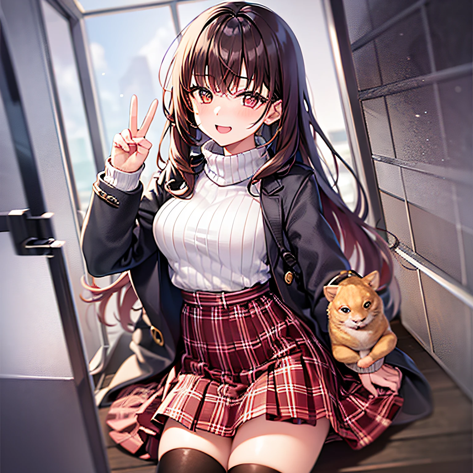 1girls, Petite and cute 23 year old girl、baby-faced、Breasts are large、brown colored hair、semi long hair、White turtleneck sweater、Duffel coat、Red check muffler、Long pleated skirt、stockings、A slight smile、peace signs、No background