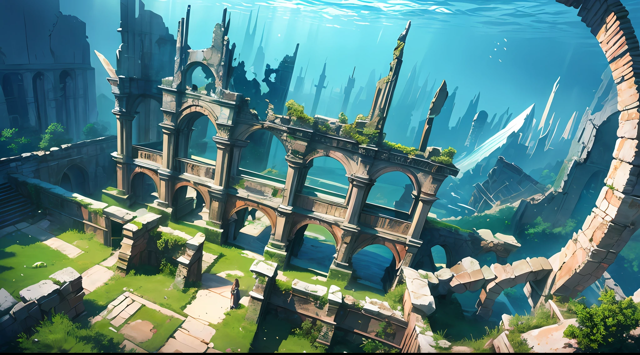 scenery, landscape, underwater, ruins, history, buildings, (masterpiece), best quality,
