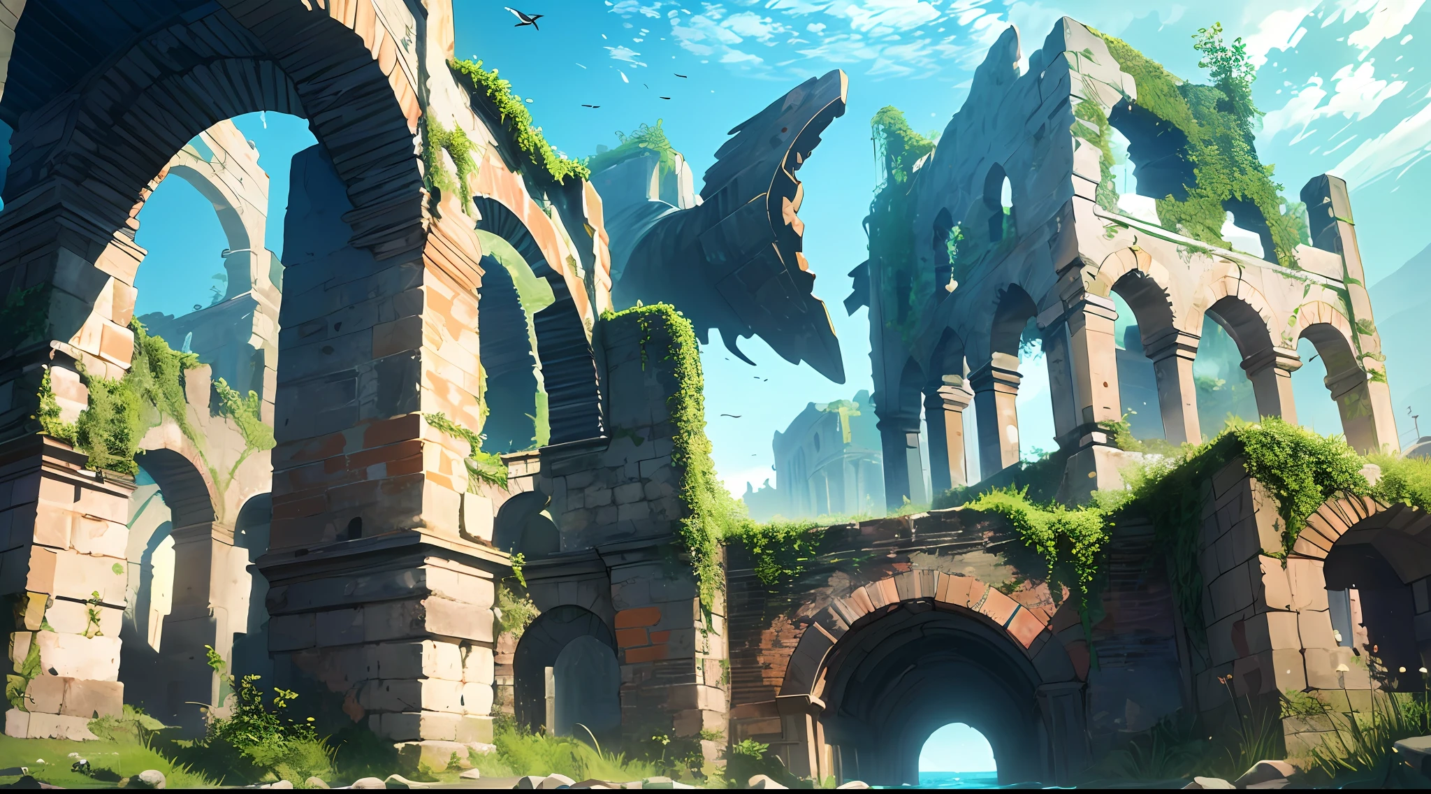 scenery, landscape, underwater, ruins, history, buildings, (masterpiece), best quality,