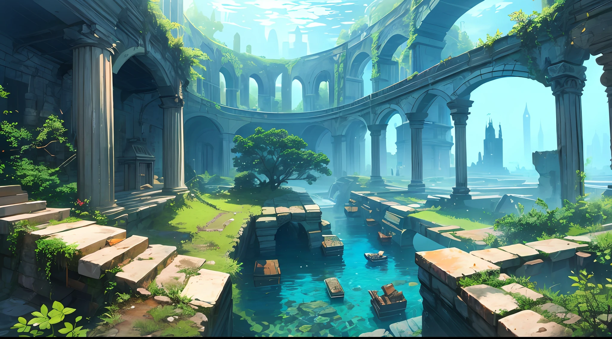 scenery, landscape, underwater, ruins, history, buildings, (masterpiece), best quality,