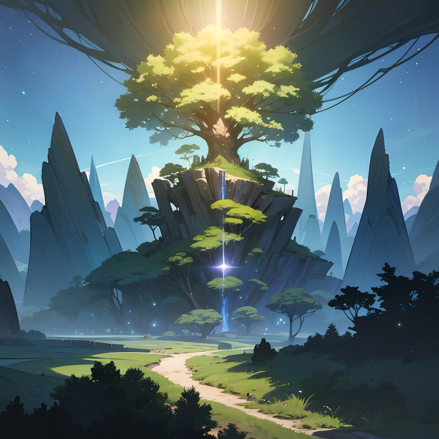 Illustration of a surreal, otherworldly, hyper sky scene including a giant crystal tree full body, highly detailed and magical lighting, intricate forest details, vegetation and surrounding river, solar punk, landscape, giant tree , beautiful green leaves, beautiful lighting and realistic proportions, as if this is a movie background, 8k, highest quality, masterpiece, clouds and stars in the sky. --auto