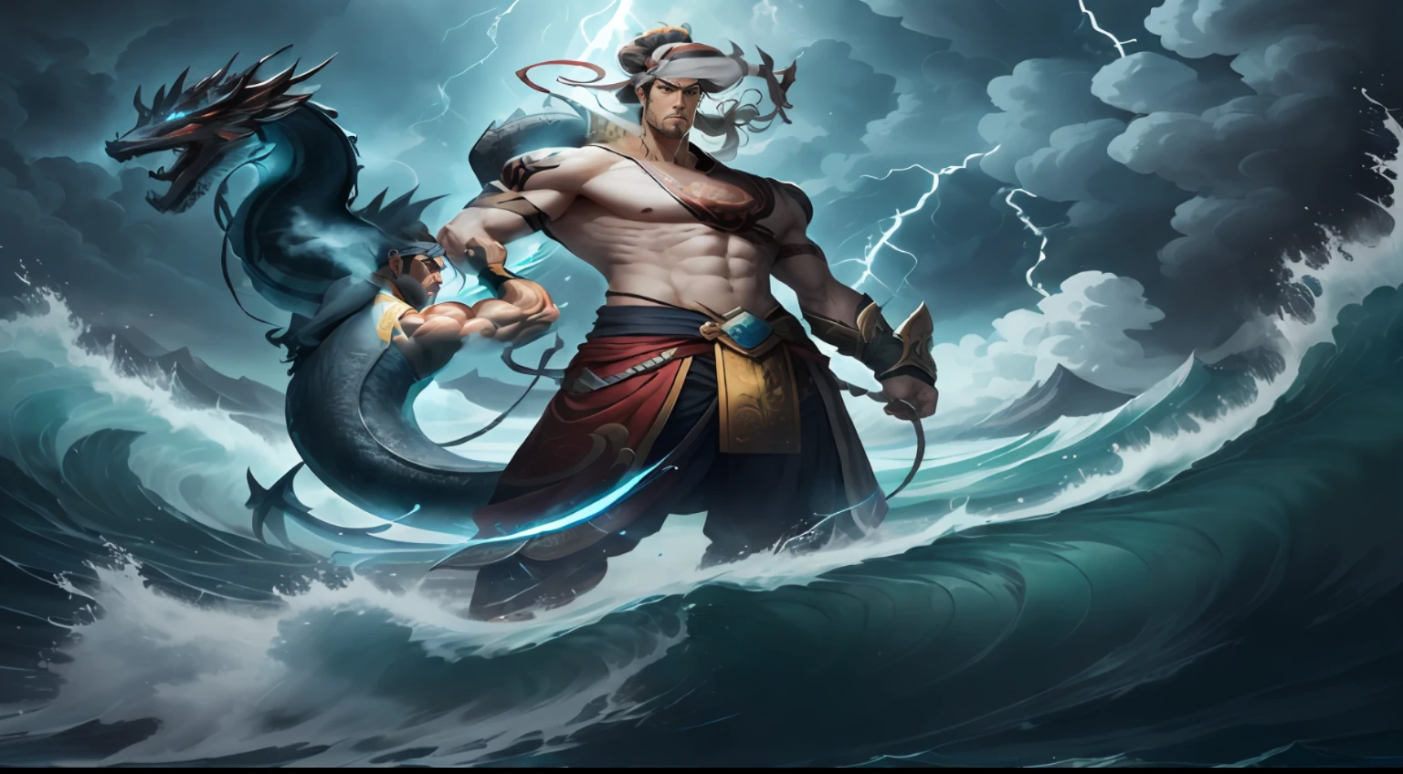 Serious face,Tough guy handsome,Strong but not burly,One-armed,Wearing gorgeous kung fu robes,The front medium-long hair band stays in the sea,The back has a long ponytail
justice,serious,youth,hale and hearty,One-armed,Strong body
The color scheme is bright,Don't be too gray