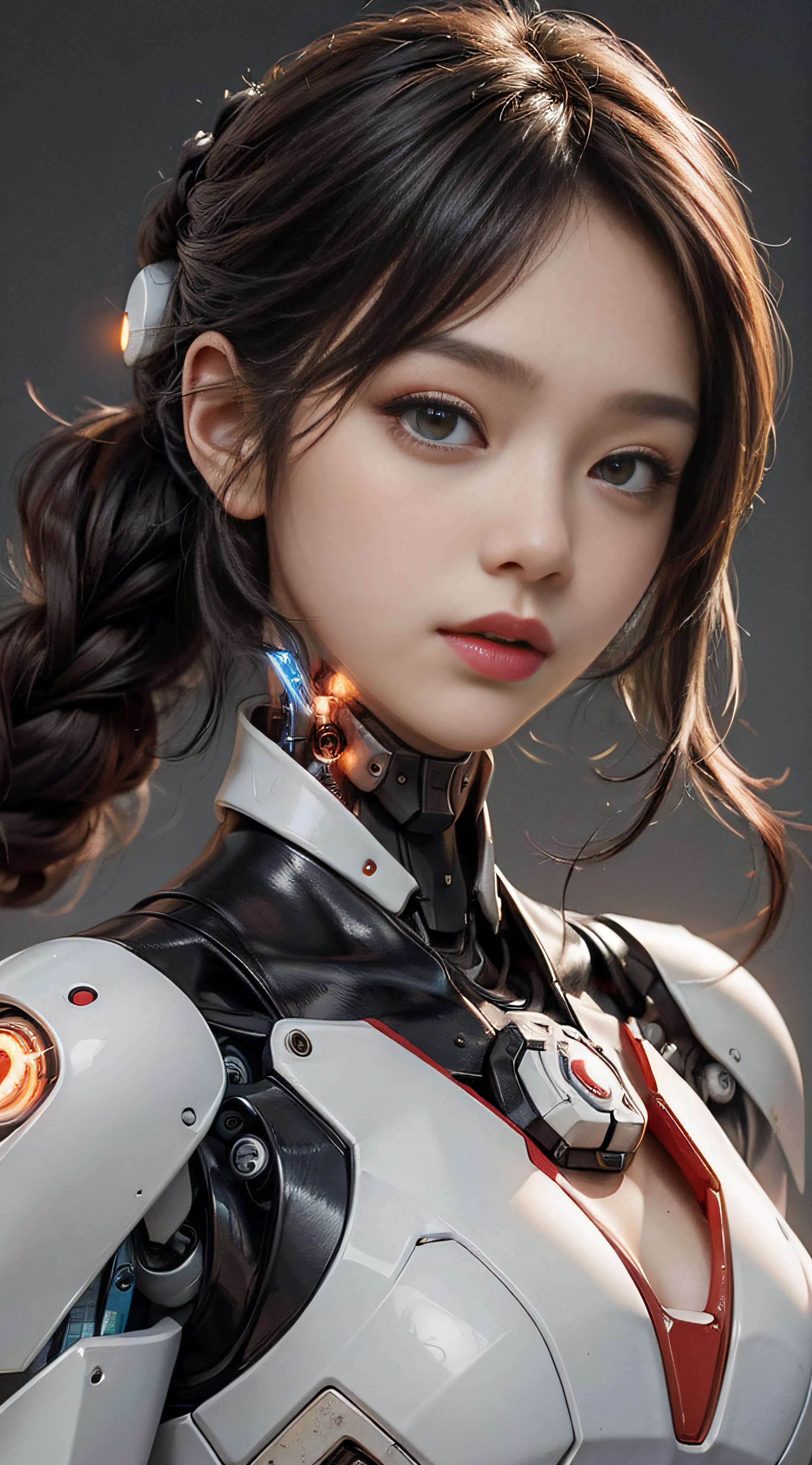 The best illustration, favoring details, close-up, a mecha girl with a delicate and beautiful face, ((red and white cyborg body: 1.8)) white skin,