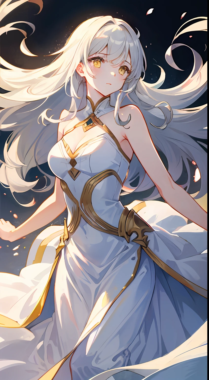 an extremely delicate and beautiful CG illustration, best quality, high resolution, dynamic angle, full-length shot, (1girl), yellow eyes and straight long white hair, floating, soft light, high-key lighting)