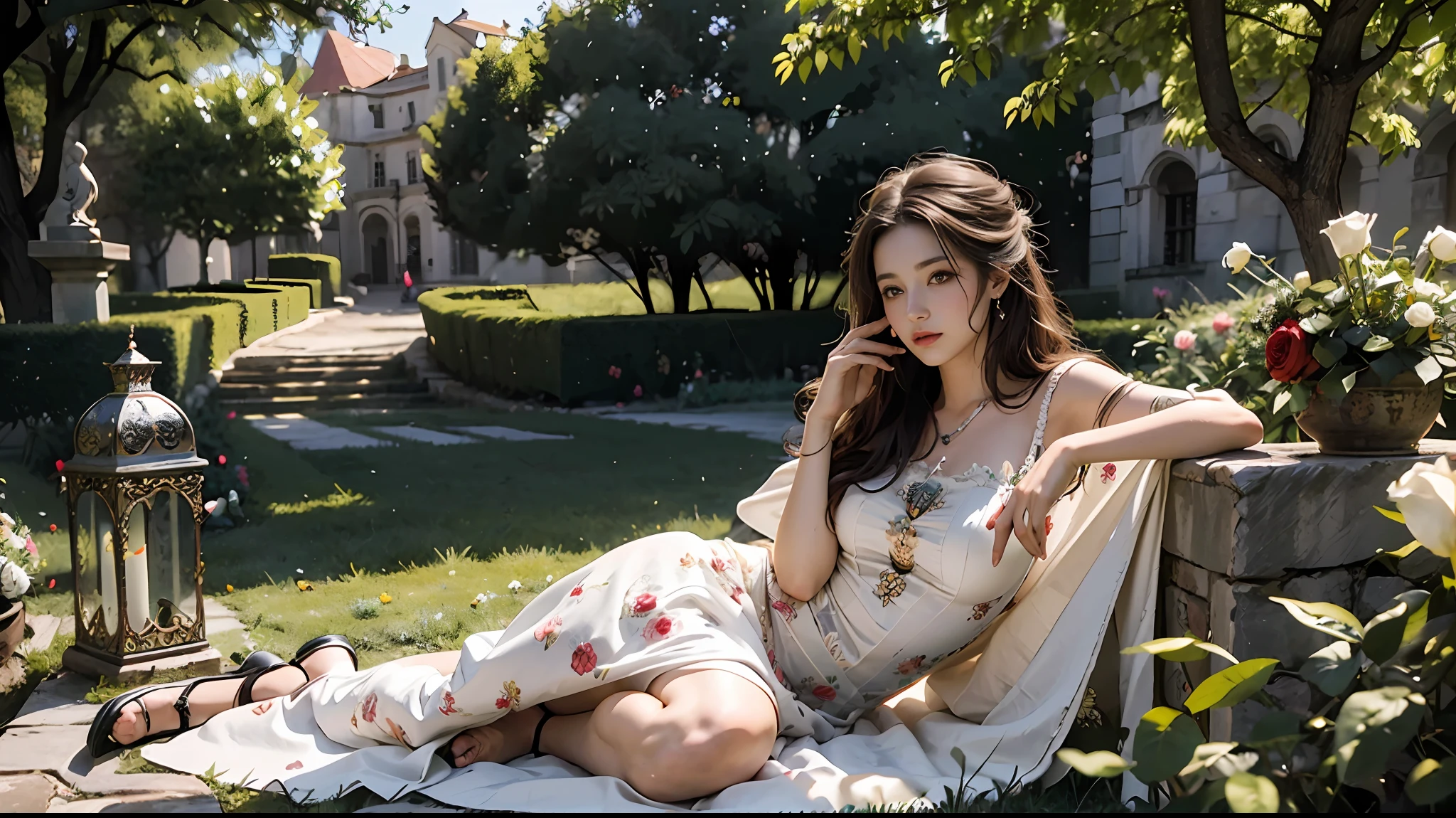 (obra maestra, mejor calidad), 1 girl with long white hair sitting in a field of green plants and flowers, ((mariposas multicolores)), con la mano debajo de la barbilla, warm lighting, vestido blanco, primer plano borroso, ((perro color canela detras de la escena))