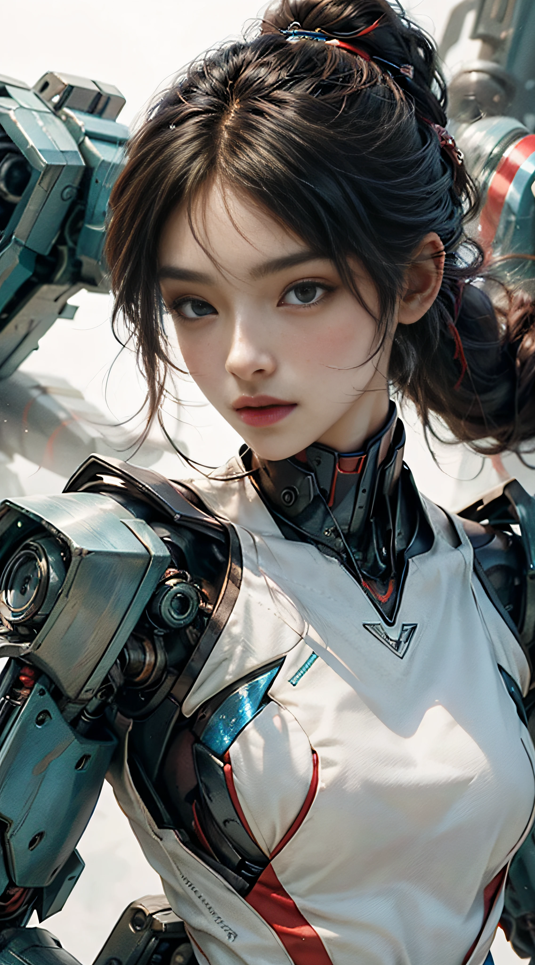 (Realisticity: 1.4), the best illustration, favoring details, close-up, a mecha girl with a delicate and beautiful face, ((red and white semi-mechanical body: 1.8)), white skin,